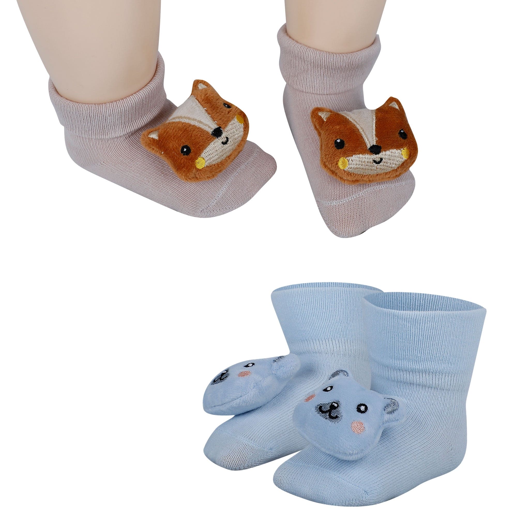 Baby Moo Teddy And Fox 3D Rattle Anti-Skid Socks Booties Pack of 2 - Blue, Rose Gold