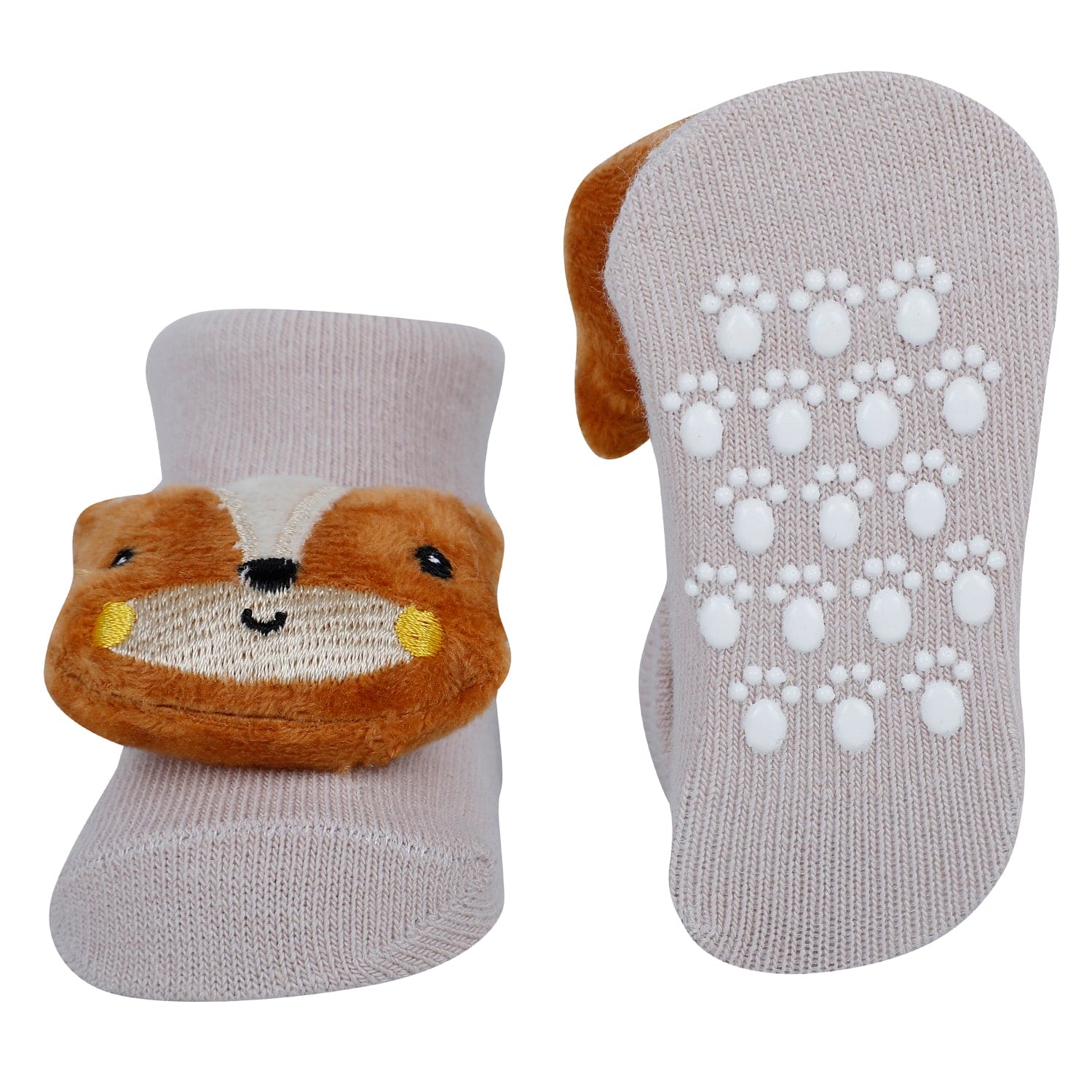 Baby Moo Teddy And Fox 3D Rattle Anti-Skid Socks Booties Pack of 2 - Blue, Rose Gold