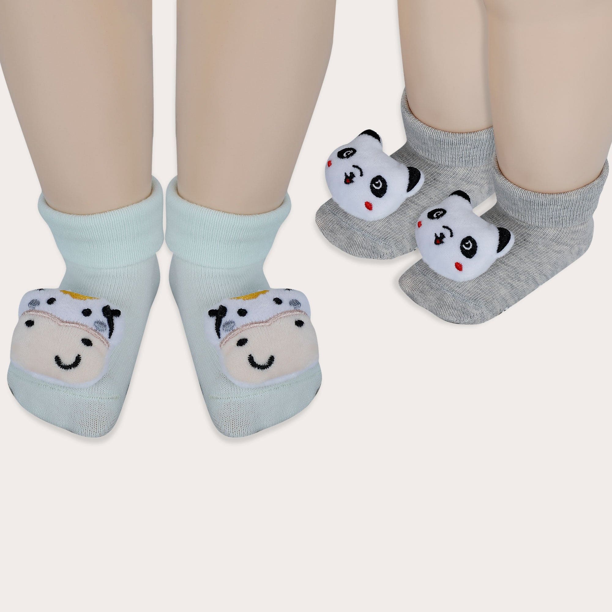 Baby Moo Panda And Cow 3D Rattle Anti-Skid Socks Booties Pack of 2 - Grey, Green