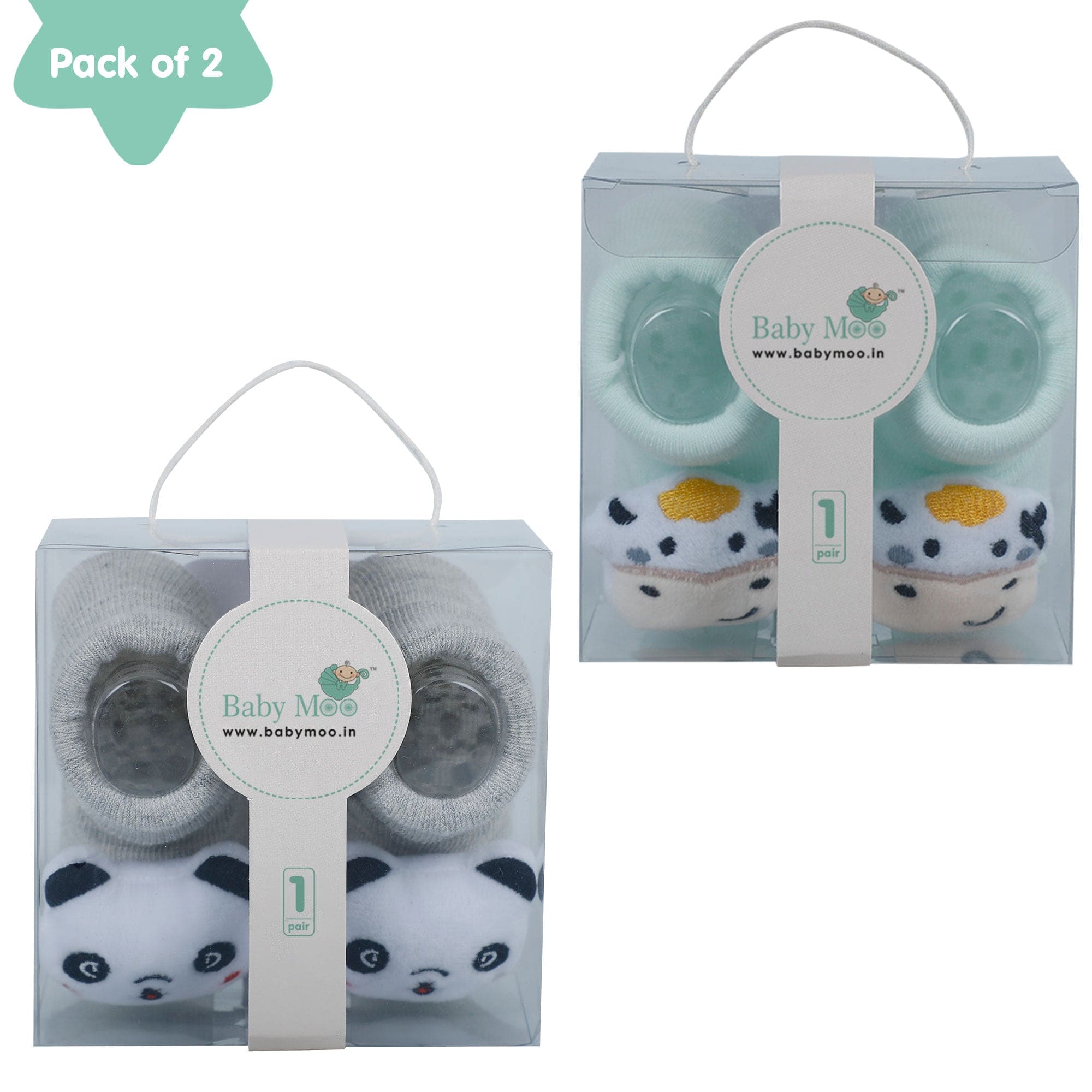 Baby Moo Panda And Cow 3D Rattle Anti-Skid Socks Booties Pack of 2 - Grey, Green