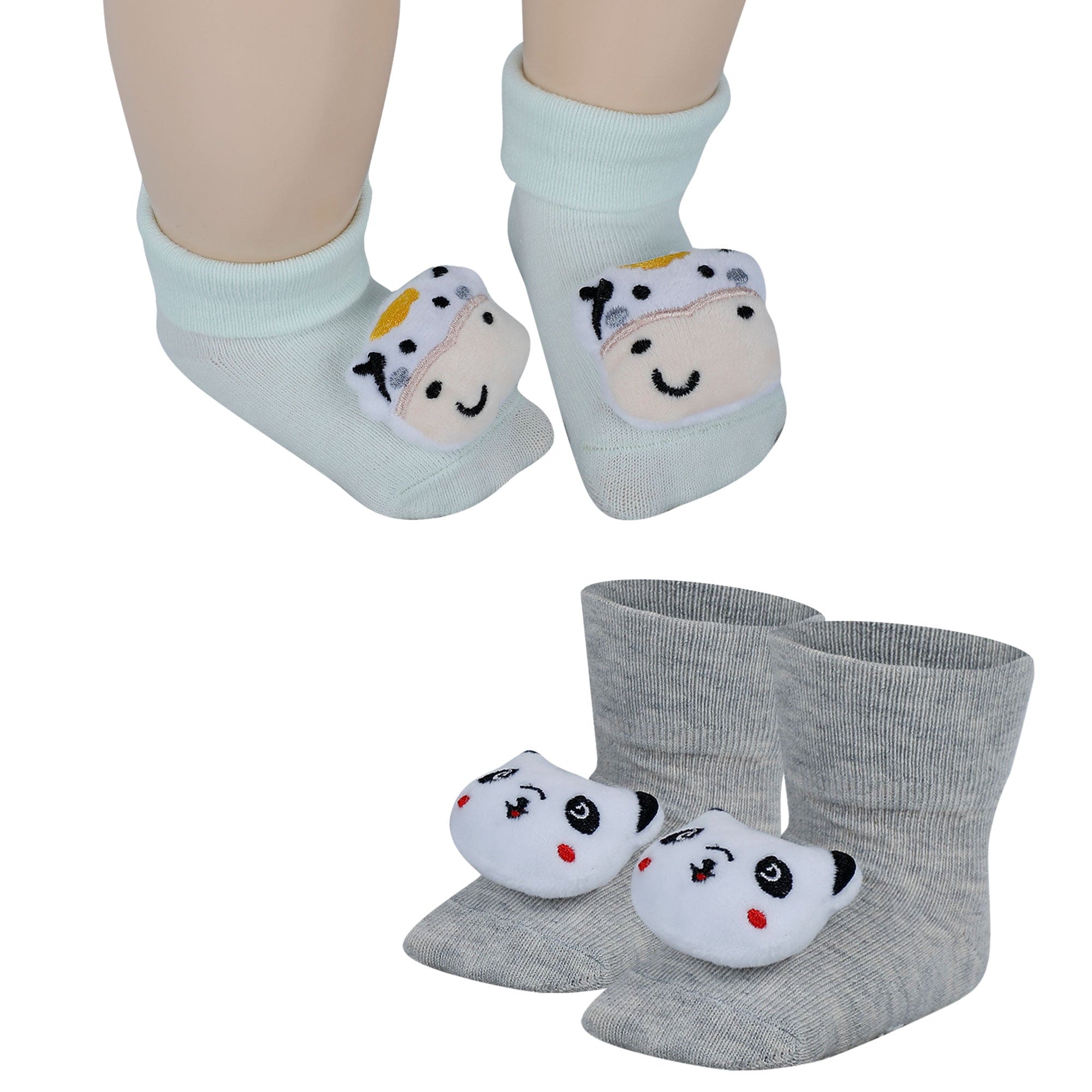 Baby Moo Panda And Cow 3D Rattle Anti-Skid Socks Booties Pack of 2 - Grey, Green