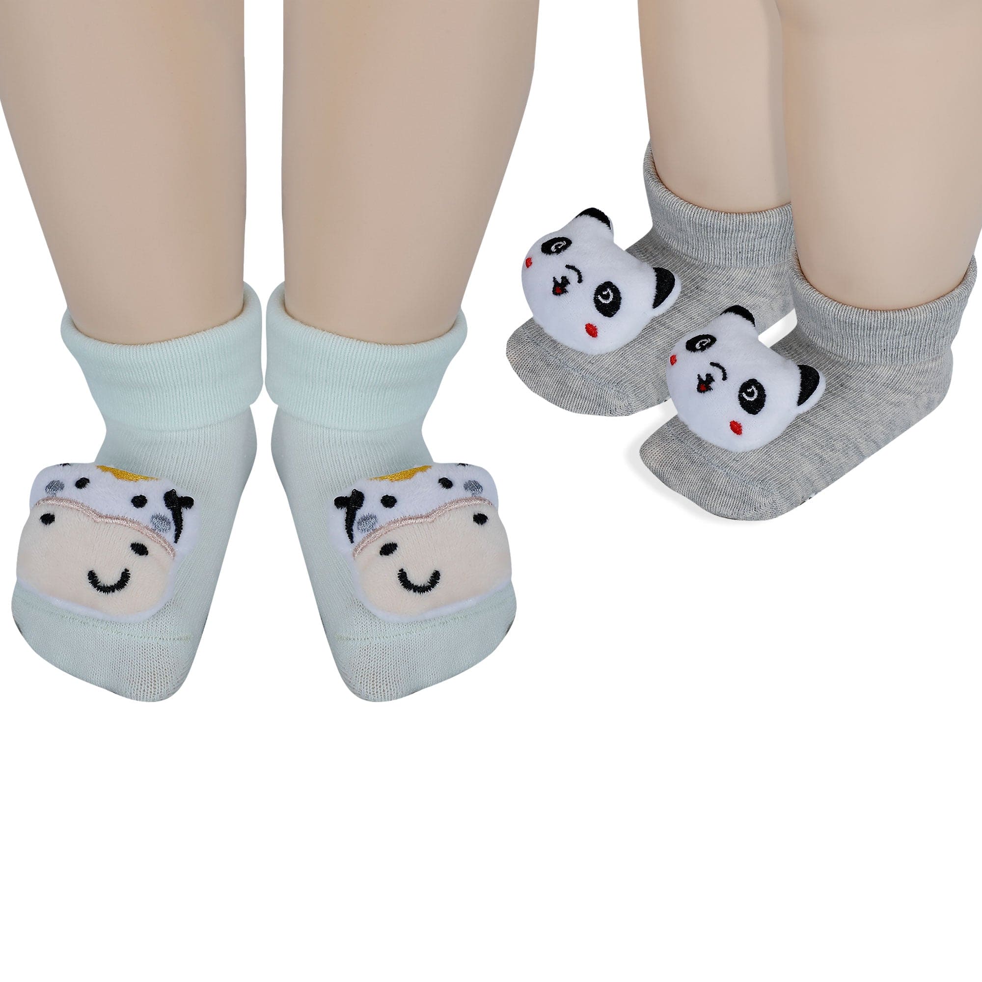 Baby Moo Panda And Cow 3D Rattle Anti-Skid Socks Booties Pack of 2 - Grey, Green