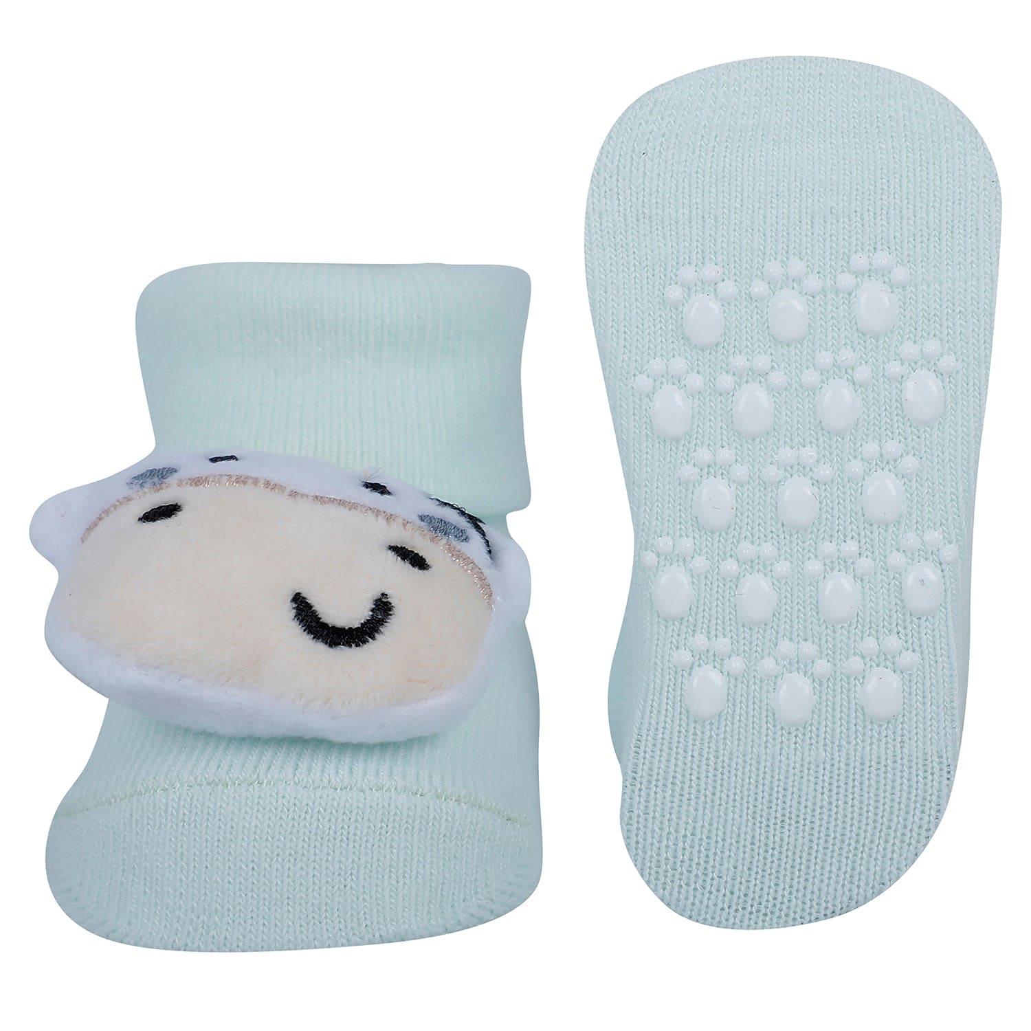 Baby Moo Panda And Cow 3D Rattle Anti-Skid Socks Booties Pack of 2 - Grey, Green