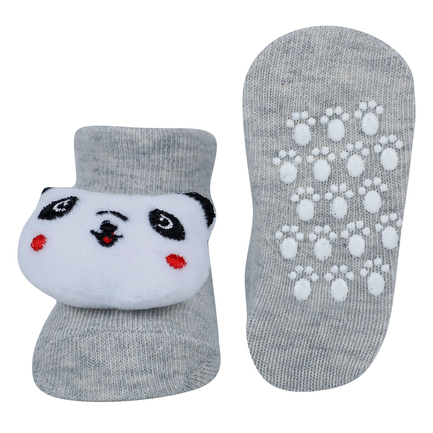 Baby Moo Panda And Cow 3D Rattle Anti-Skid Socks Booties Pack of 2 - Grey, Green