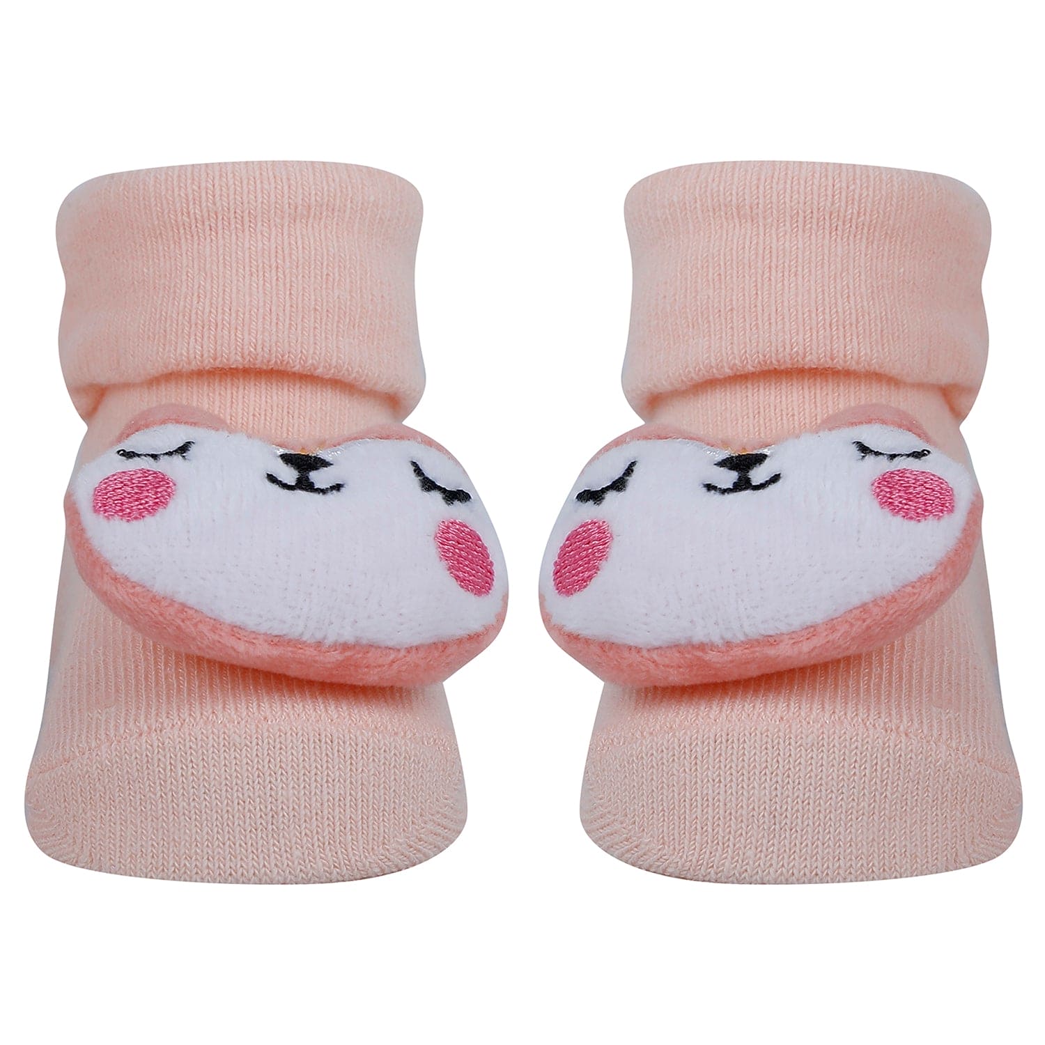 Baby Moo Kitty 3D Rattle Anti-Skid Socks Booties Pack of 3 - Peach, Multicolour