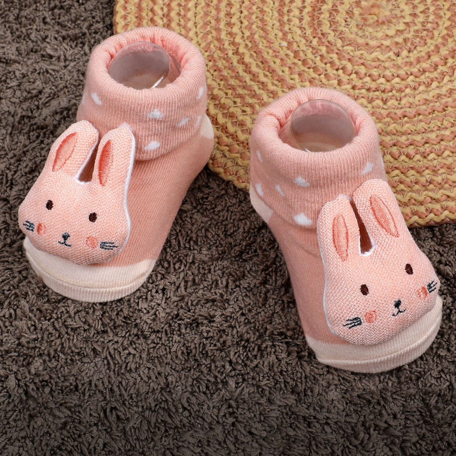 Baby Moo Cuddly Bunny Cotton Anti-Skid 3D Socks - Peach