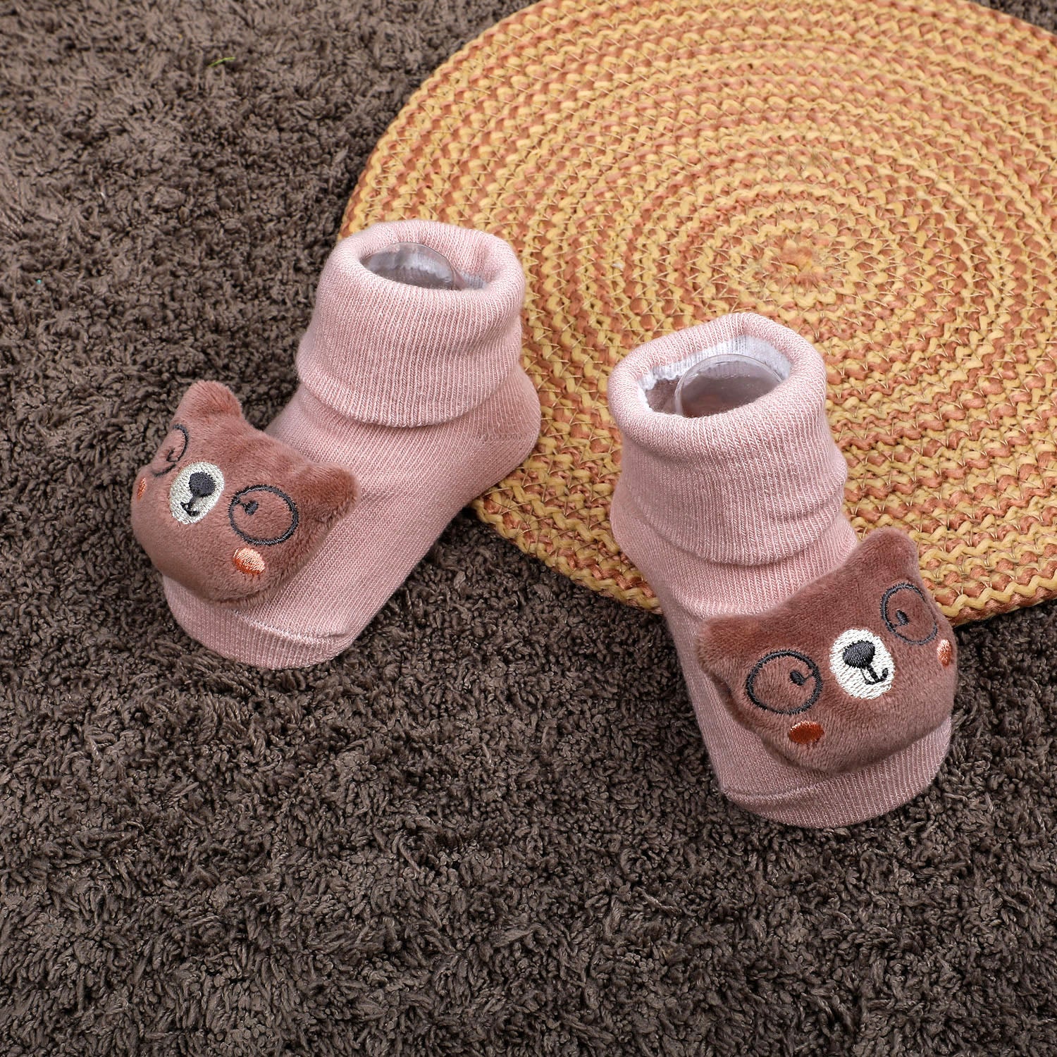 Baby Moo Nerdy Bear Cotton Anti-Skid 3D Socks - Peach
