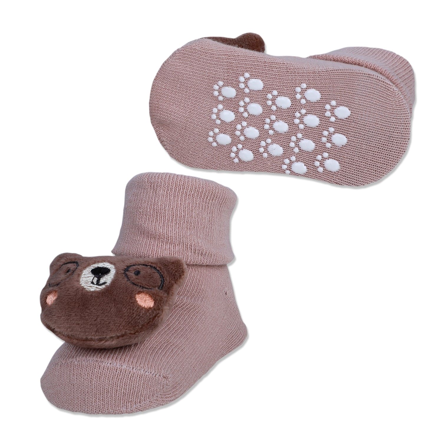 Baby Moo Nerdy Bear Cotton Anti-Skid 3D Socks - Peach - Baby Moo