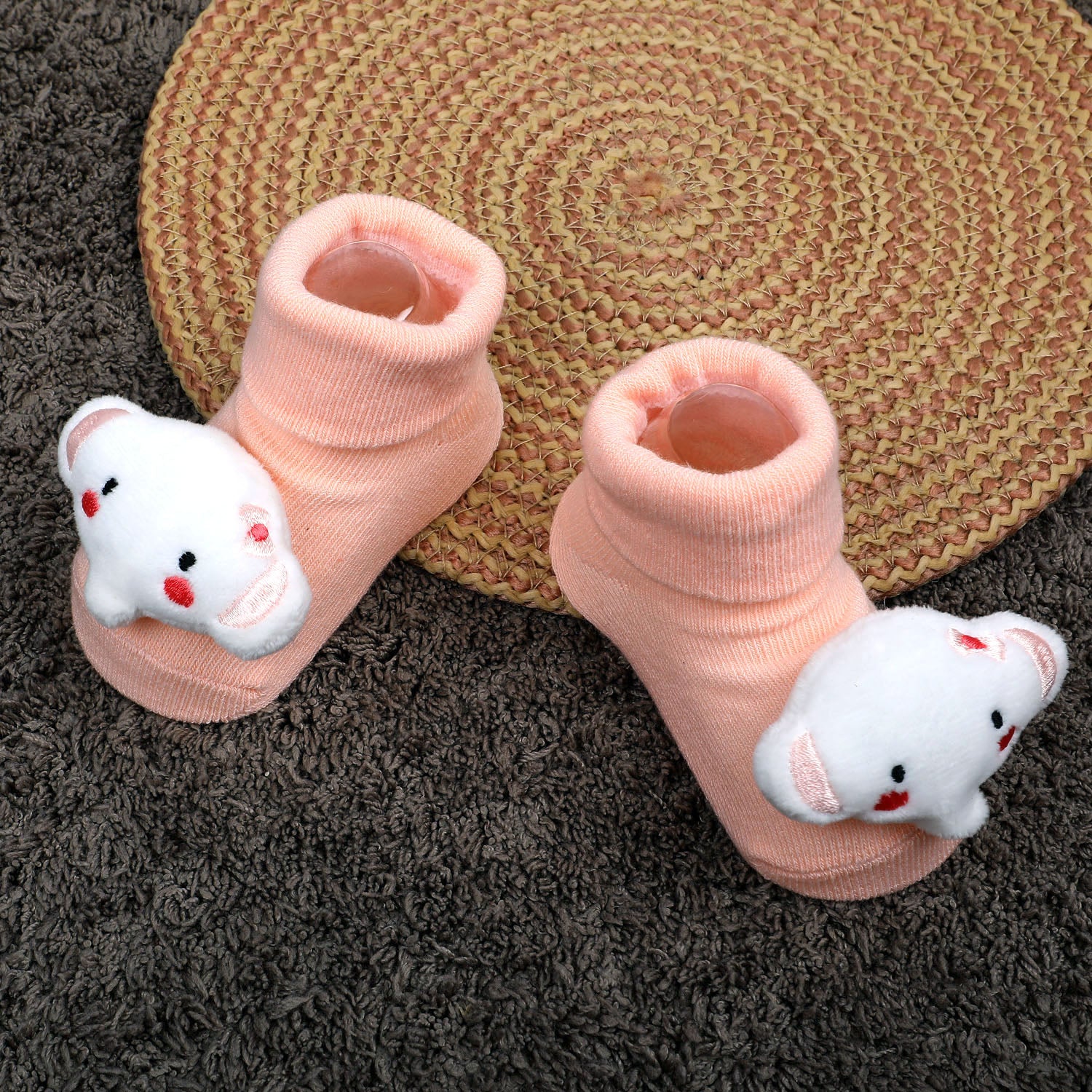 Baby Moo Fluffy Elephant Cotton Anti-Skid 3D Socks - Peach