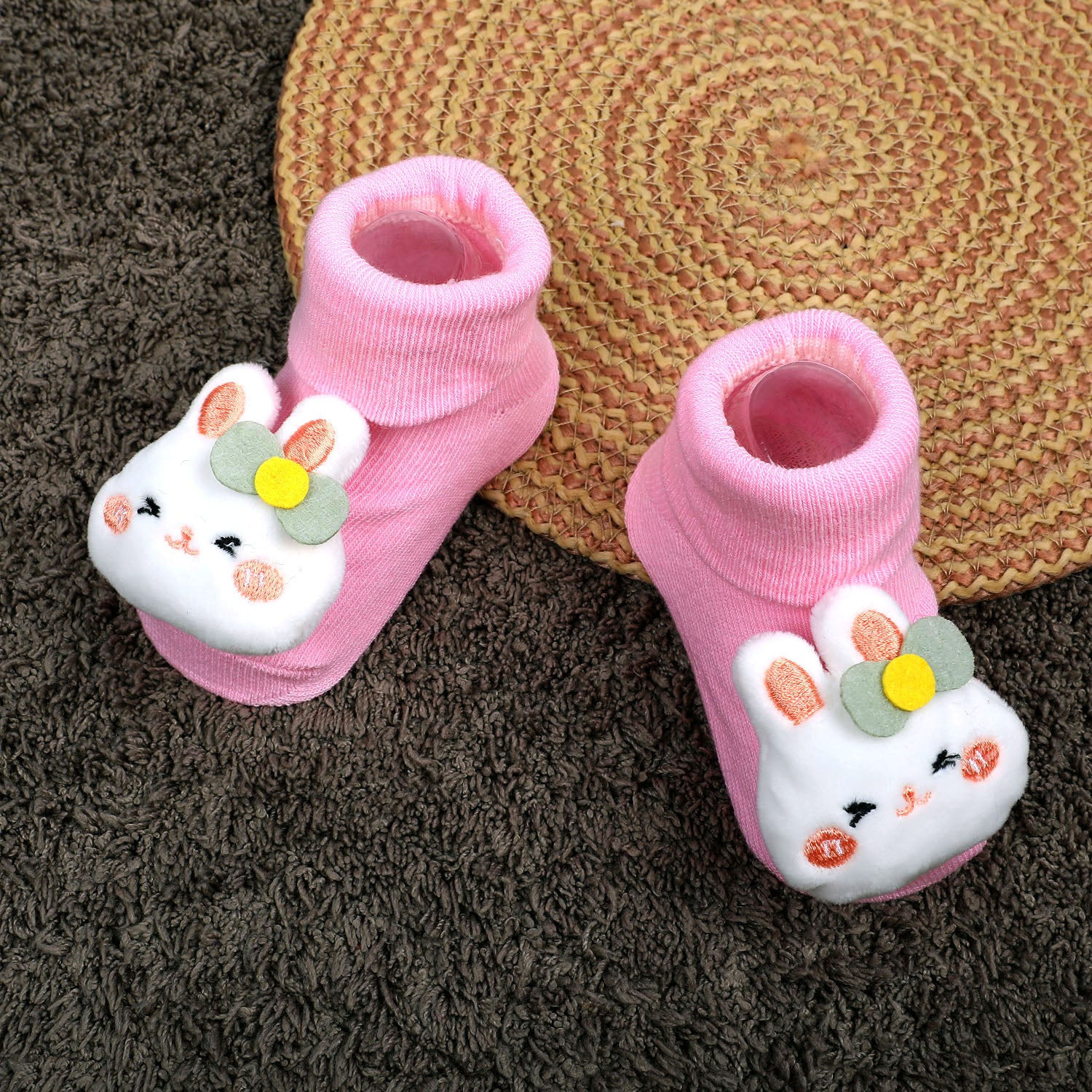 Baby Moo Hello Bunny Cotton Anti-Skid 3D Socks - Pink