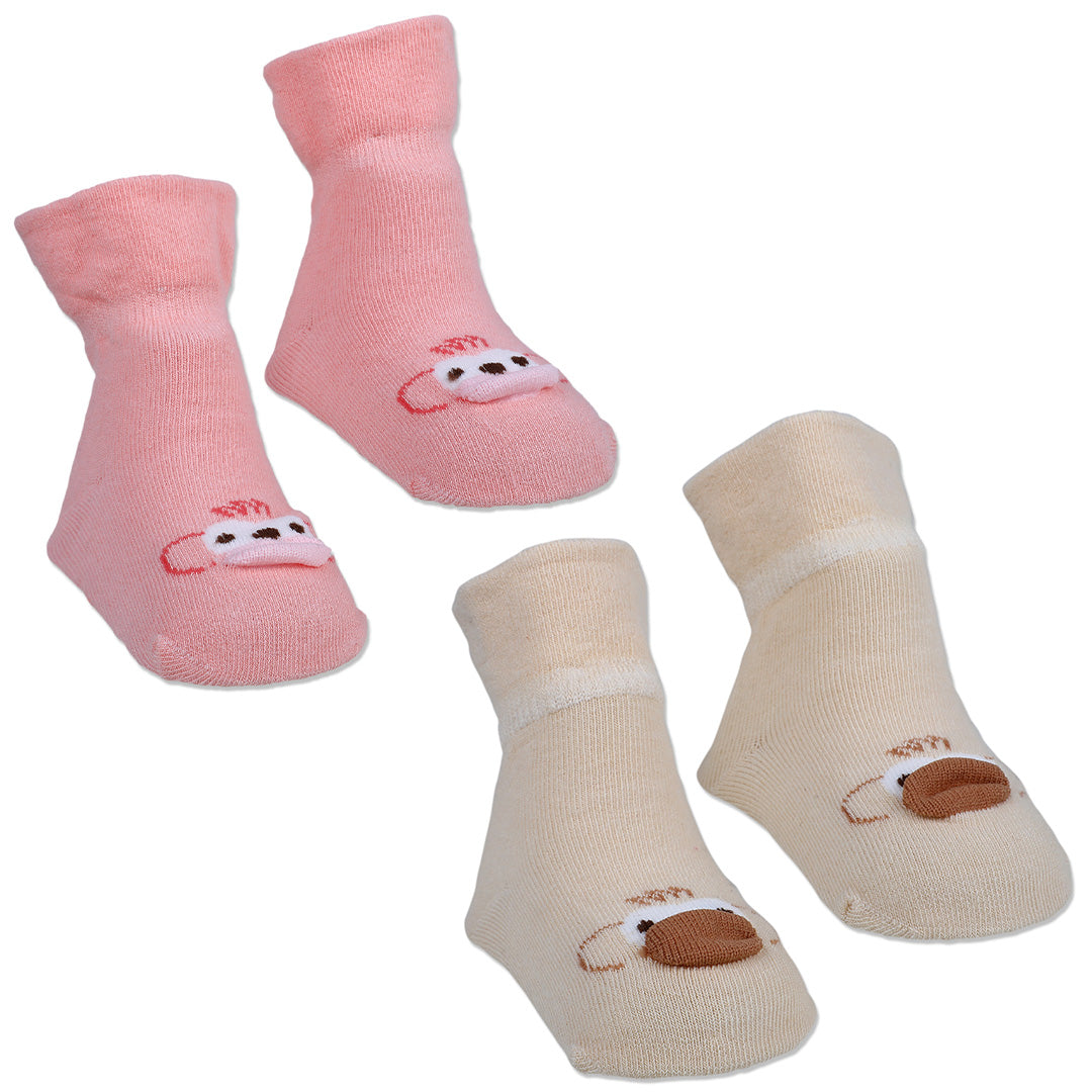 Baby Moo Little Monkey Cotton Anti-Skid 2 Pair Socks - Beige - Baby Moo