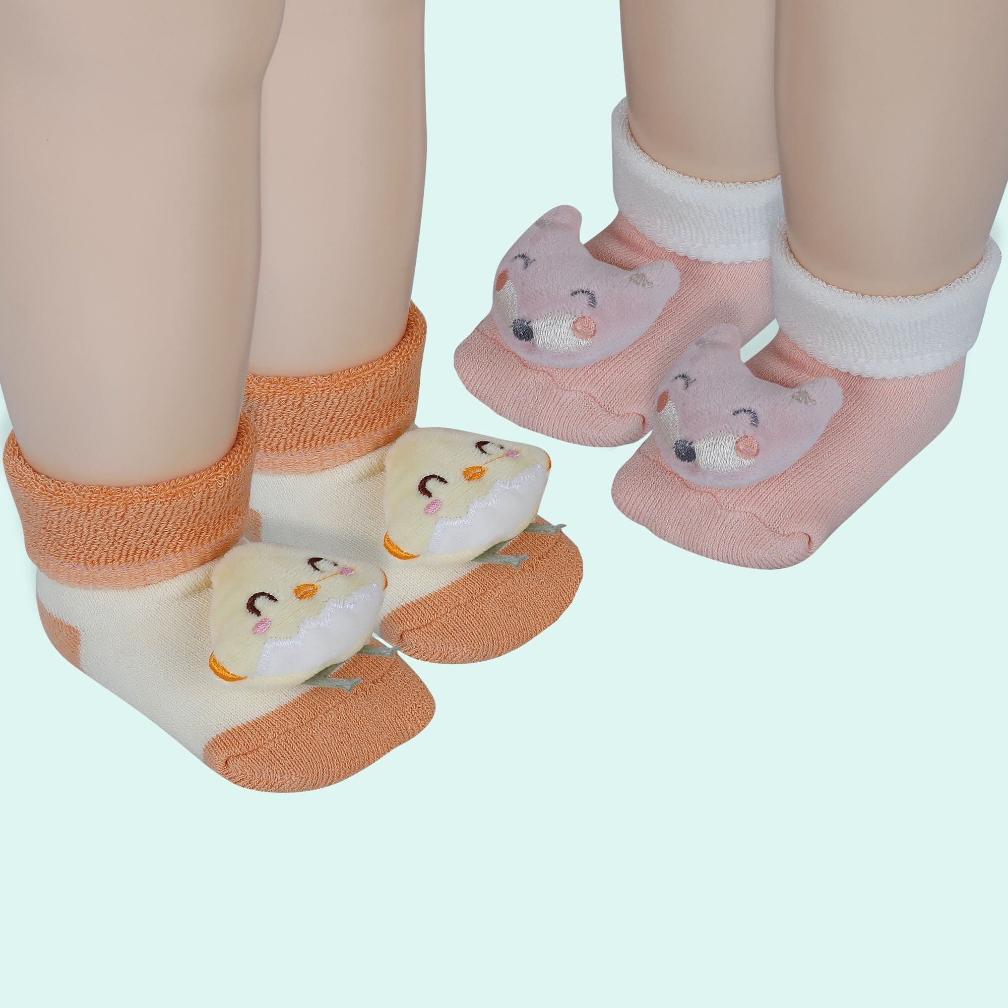 Baby Moo Little Chick 3D Rattle Anti-Skid Socks Booties Pack of 2 - Orange, Peach