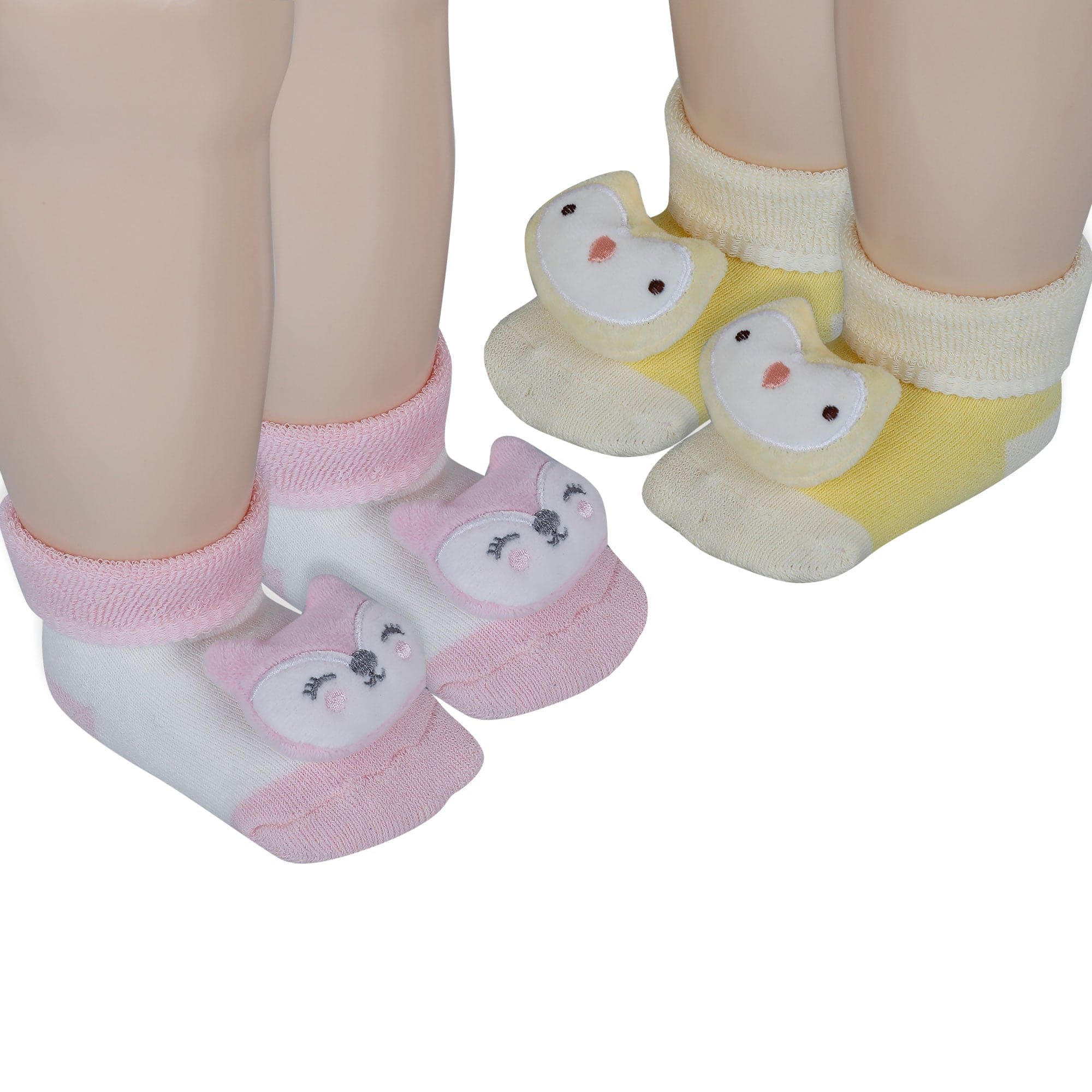 Baby Moo Owl 3D Rattle Anti-Skid Socks Booties Pack of 2 - Yellow, Pink