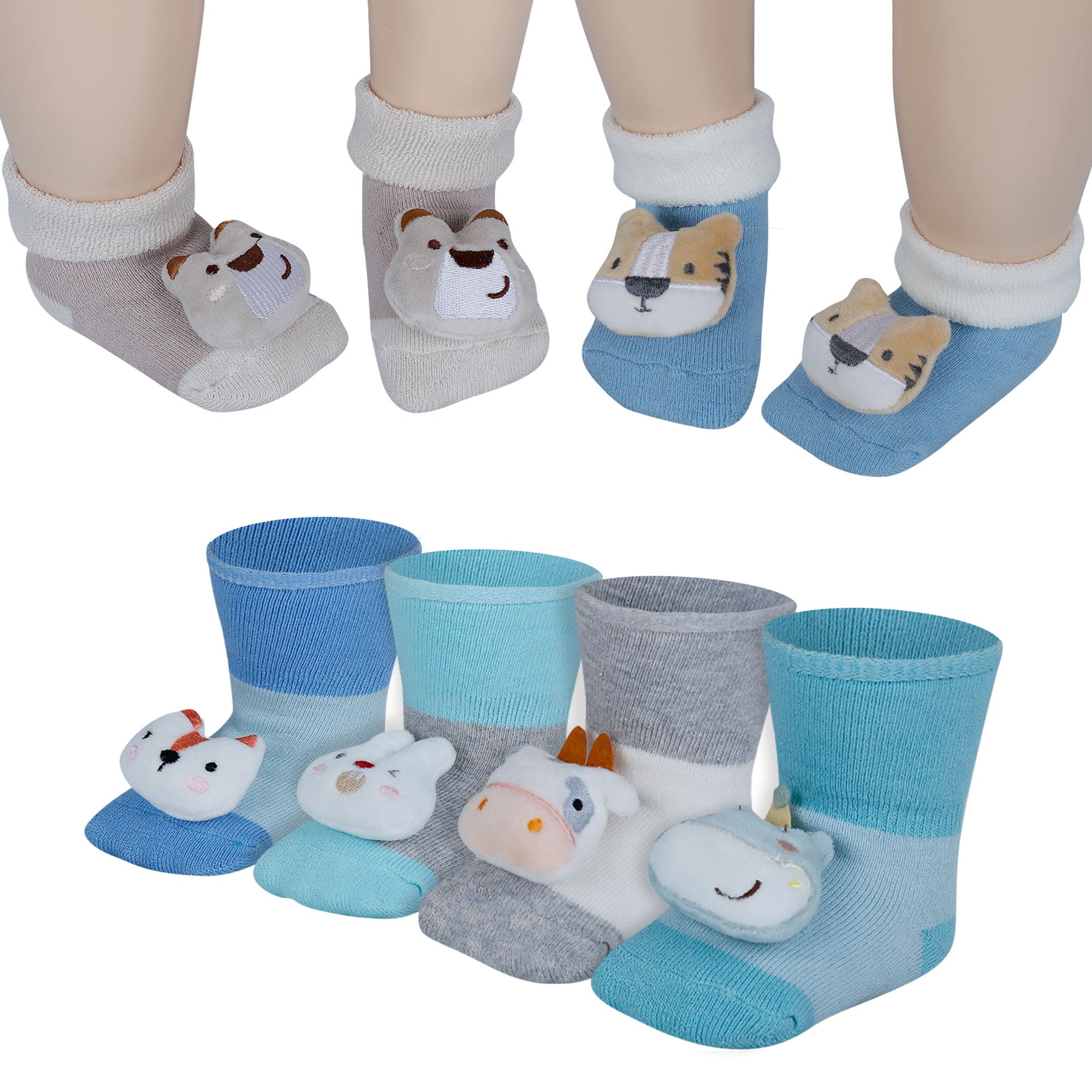 Baby Moo Cow 3D Rattle Anti-Skid Socks Booties Pack of 6 - Grey