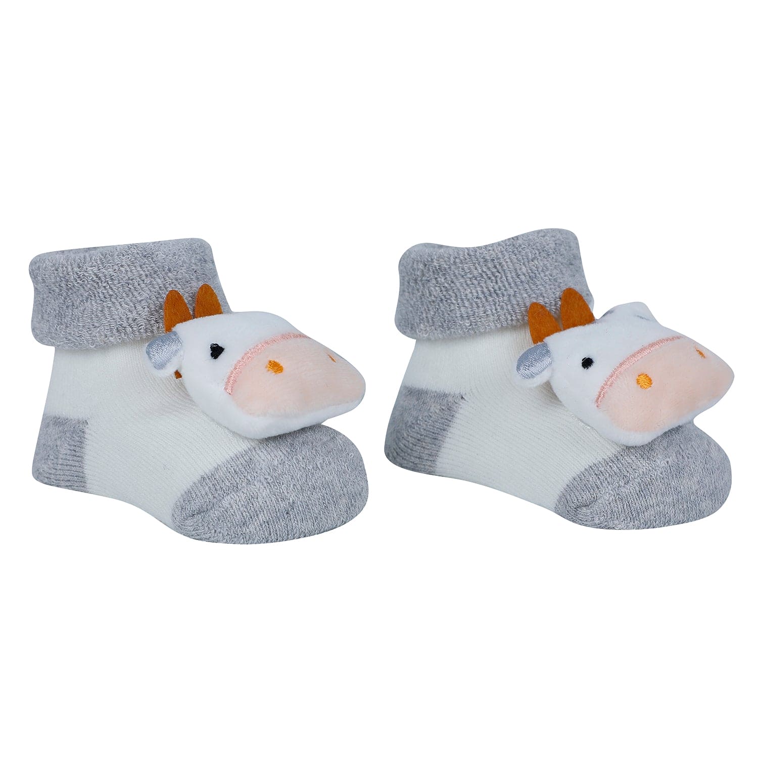 Baby Moo Cow 3D Rattle Anti-Skid Socks Booties Pack of 6 - Grey