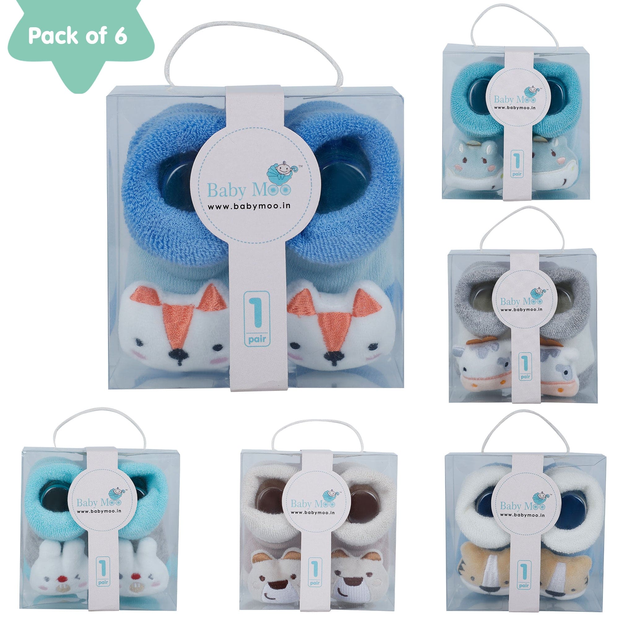 Baby Moo Cow 3D Rattle Anti-Skid Socks Booties Pack of 6 - Grey