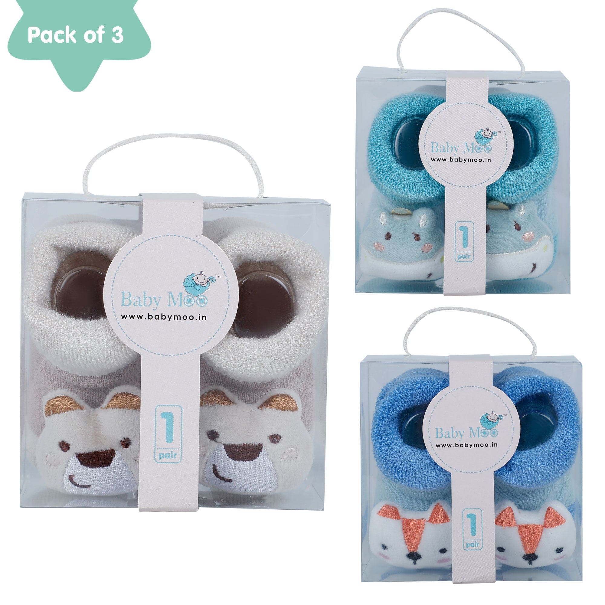 Baby Moo Fox Frog Bear 3D Rattle Anti-Skid Socks Booties Pack of 3 - Blue