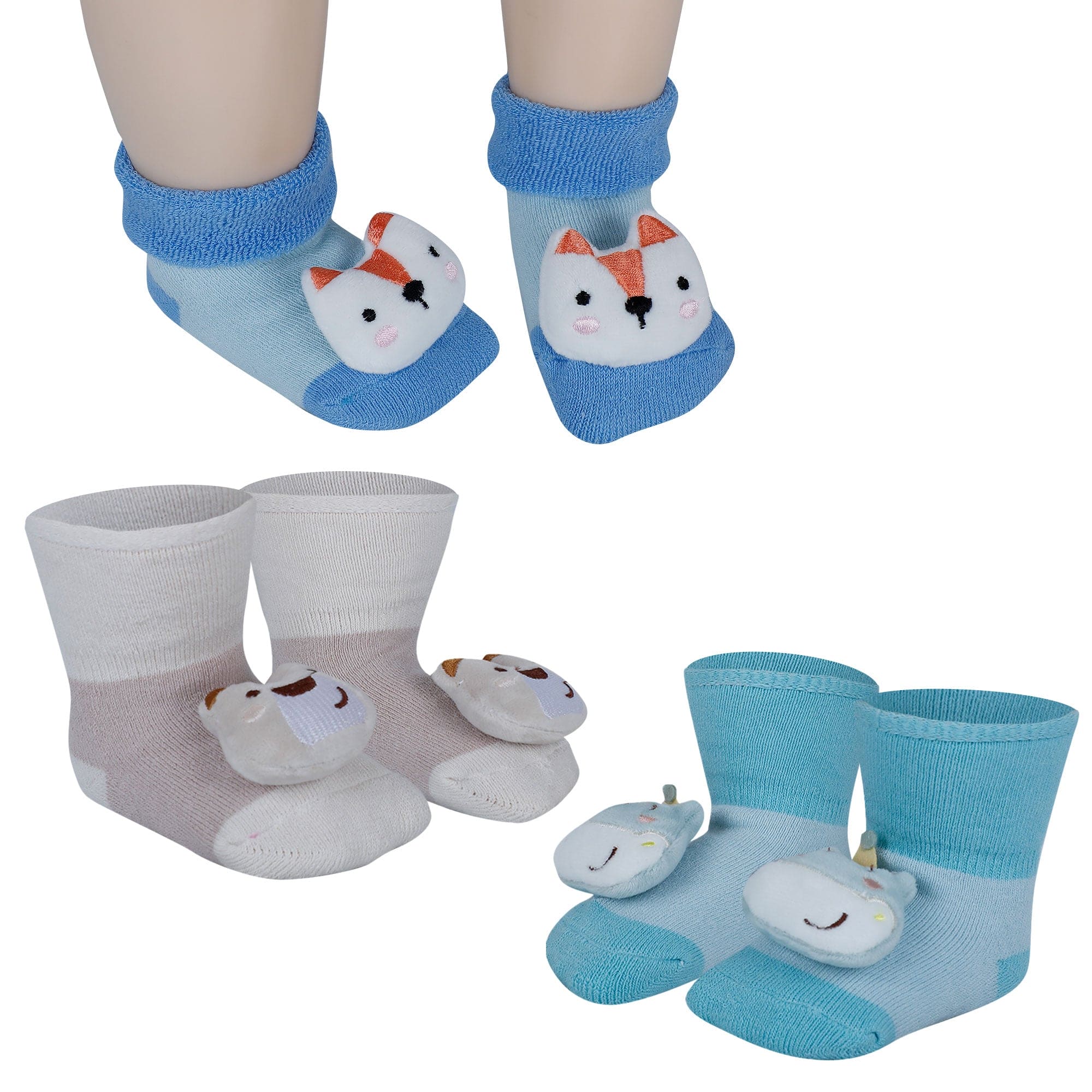 Baby Moo Fox Frog Bear 3D Rattle Anti-Skid Socks Booties Pack of 3 - Blue