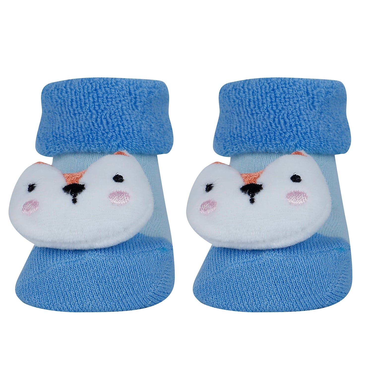 Baby Moo Fox Frog Bear 3D Rattle Anti-Skid Socks Booties Pack of 3 - Blue