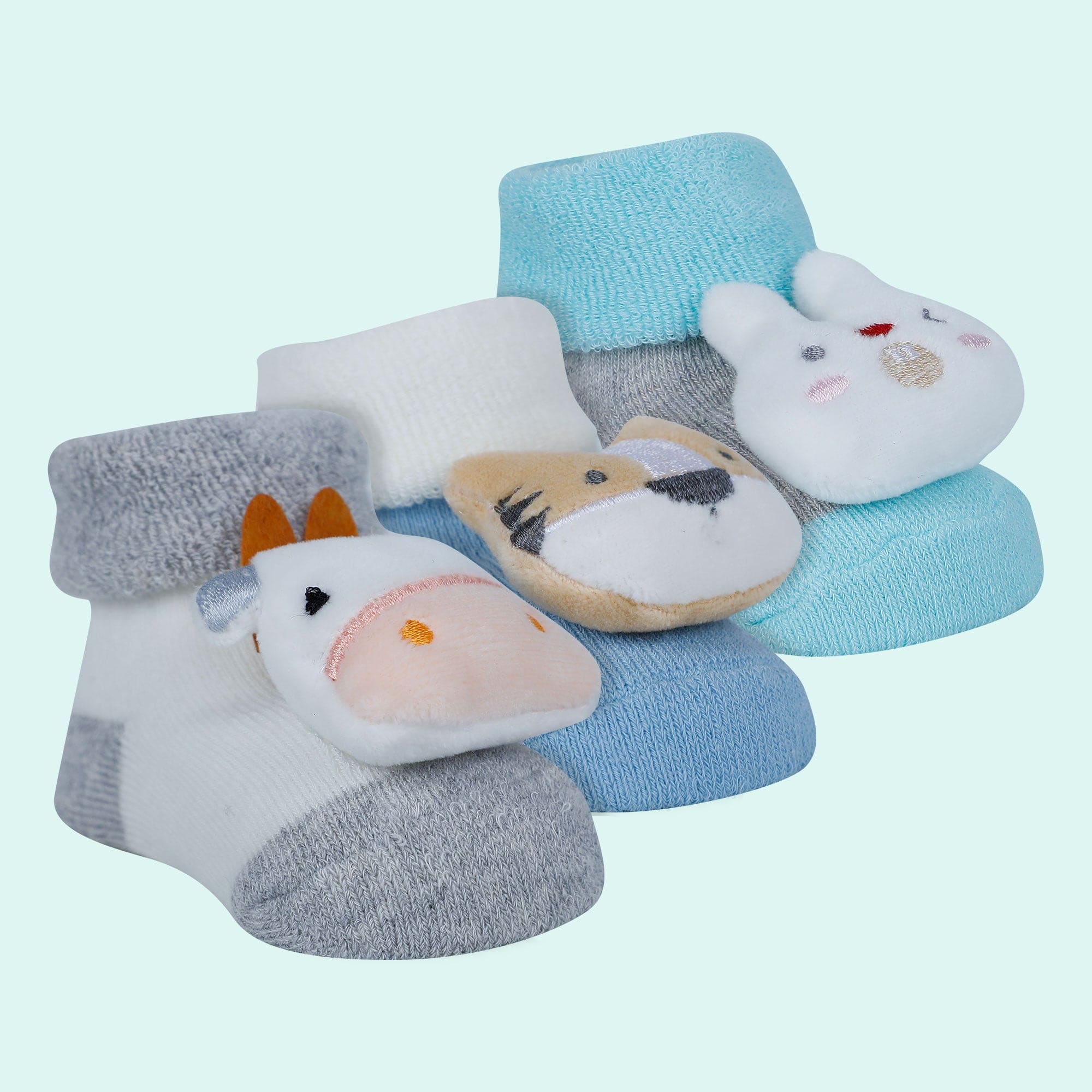 Baby Moo Tiger Bunny Cow 3D Rattle Anti-Skid Socks Booties Pack of 3 - Blue