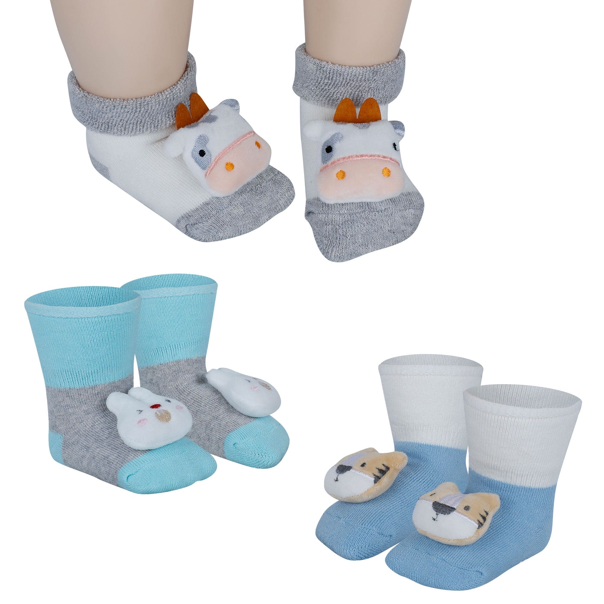 Baby Moo Tiger Bunny Cow 3D Rattle Anti-Skid Socks Booties Pack of 3 - Blue