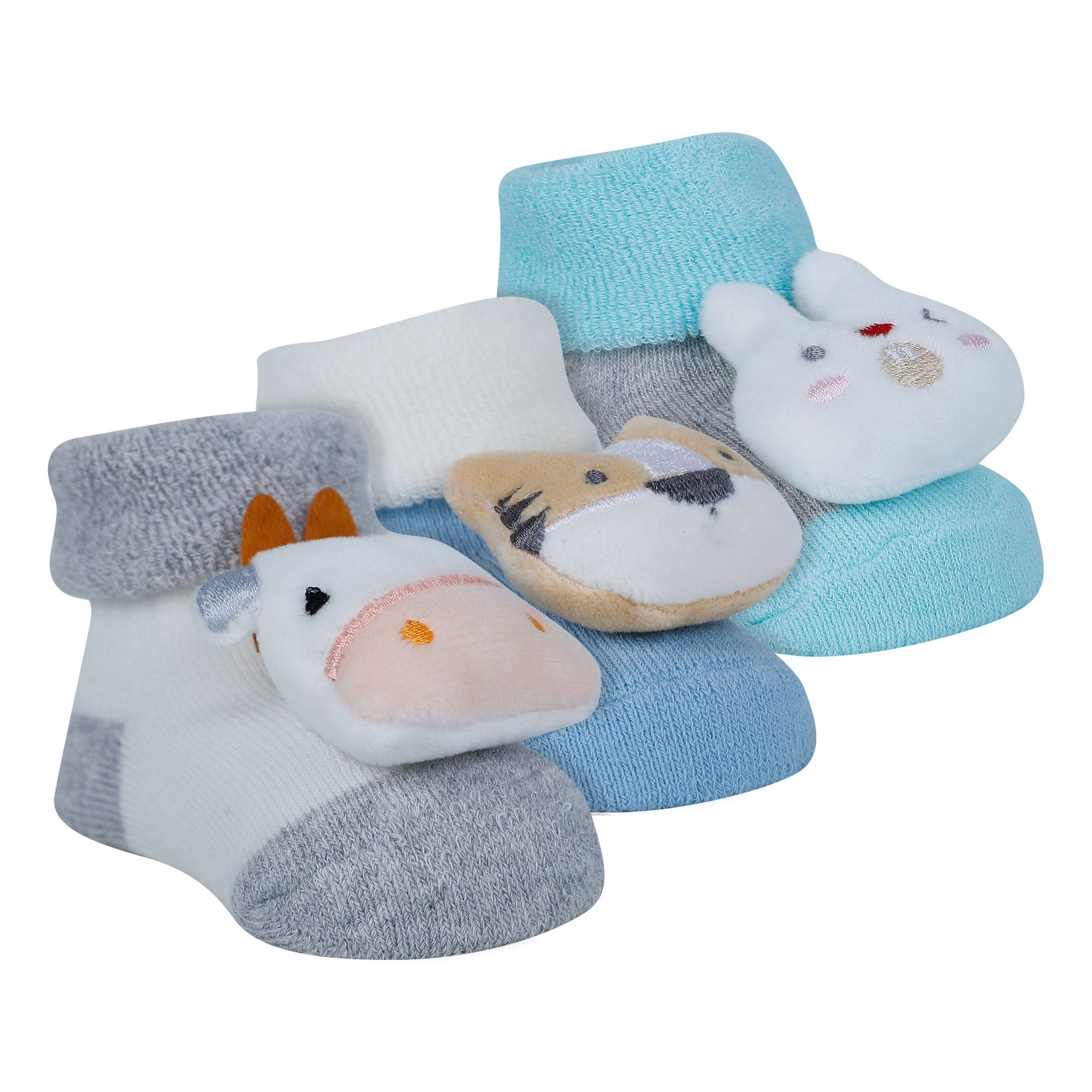 Baby Moo Tiger Bunny Cow 3D Rattle Anti-Skid Socks Booties Pack of 3 - Blue