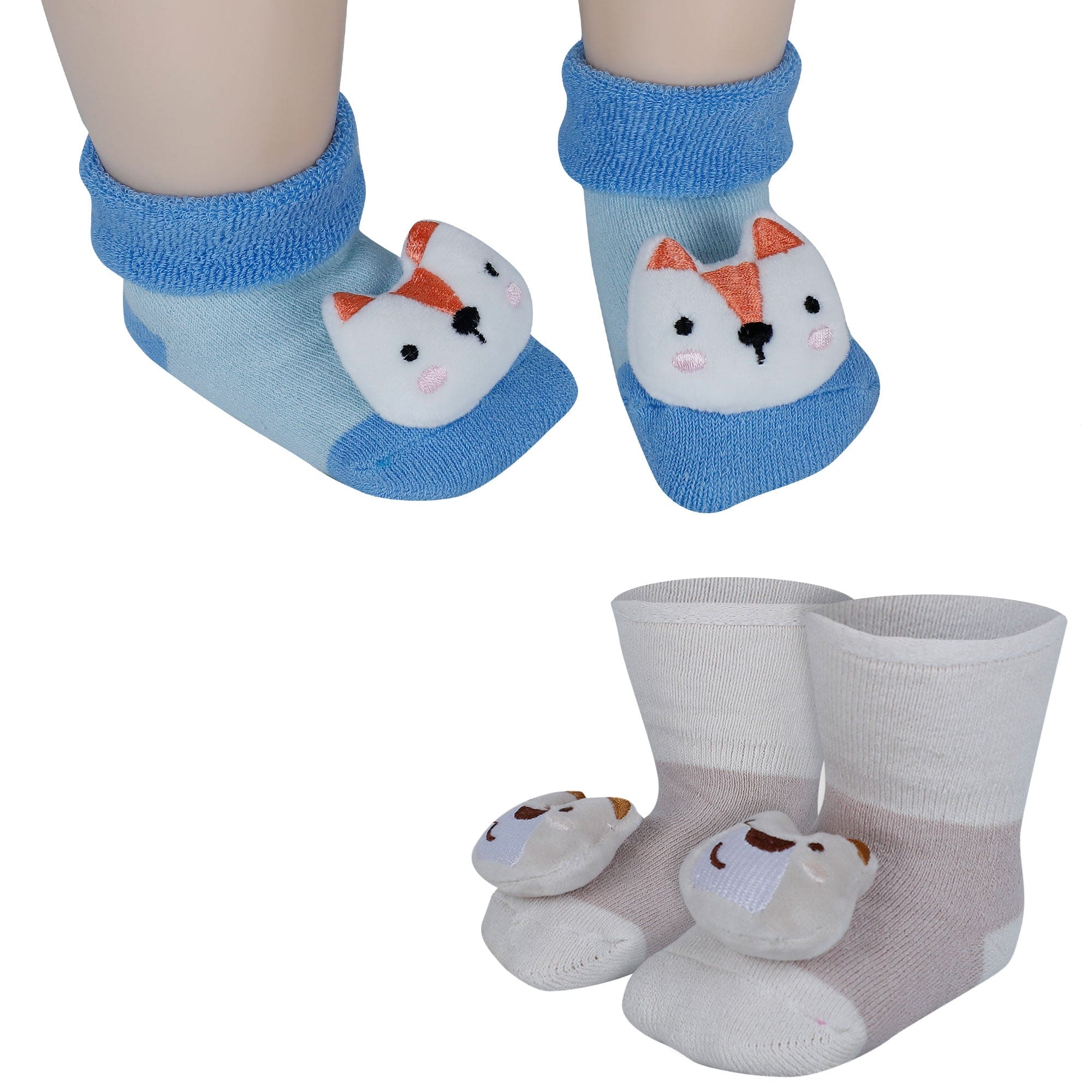 Baby Moo Fox 3D Rattle Anti-Skid Socks Booties Pack of 2 - Beige, Blue