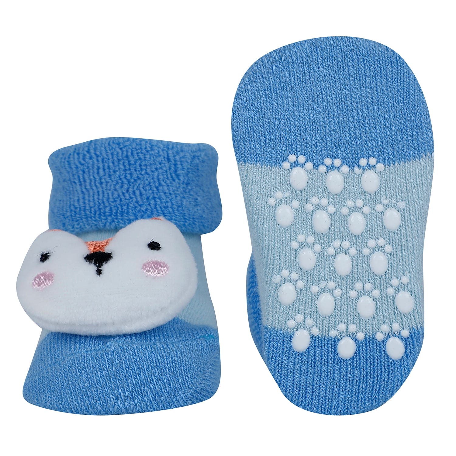 Baby Moo Fox 3D Rattle Anti-Skid Socks Booties Pack of 2 - Beige, Blue