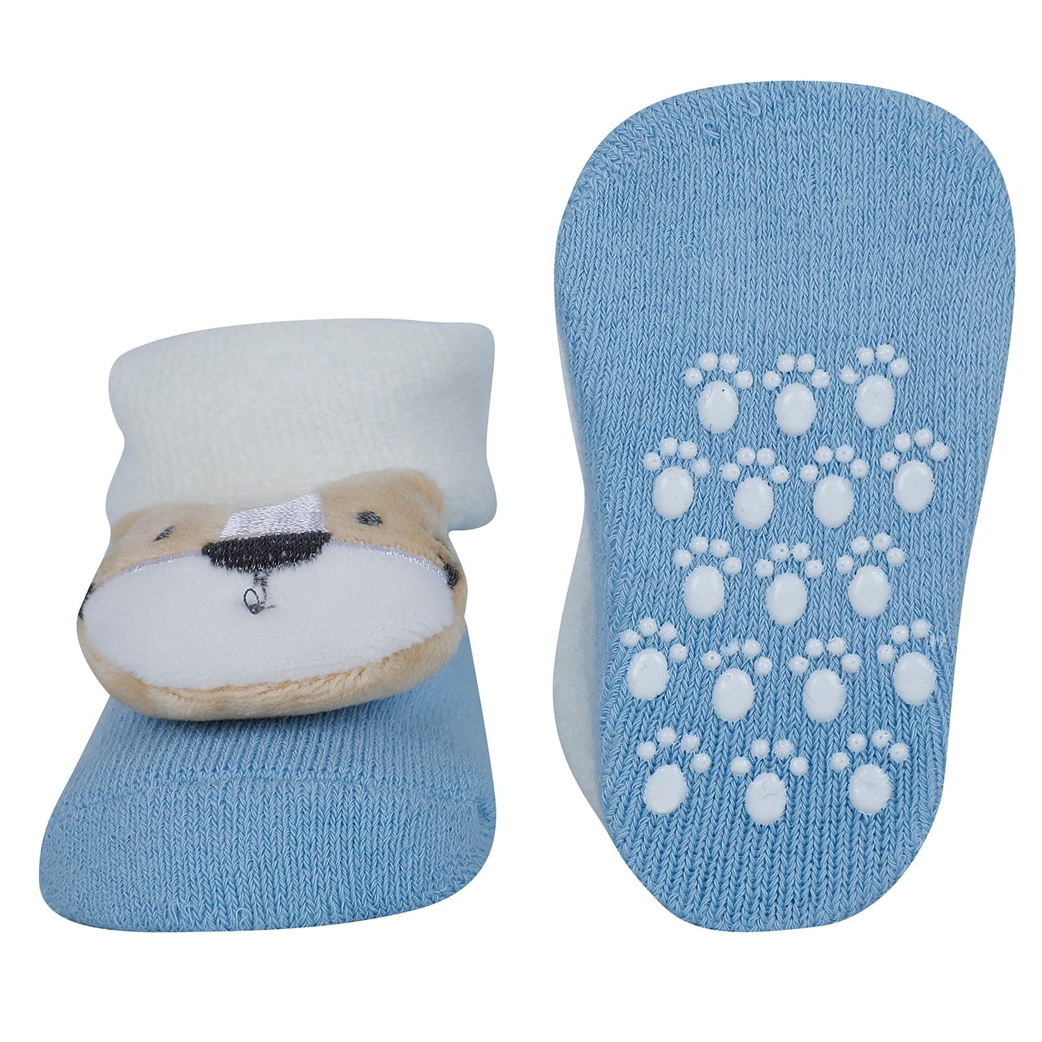 Baby Moo Tiger And Hippo 3D Rattle Anti-Skid Socks Booties Pack of 2 - Blue, Green