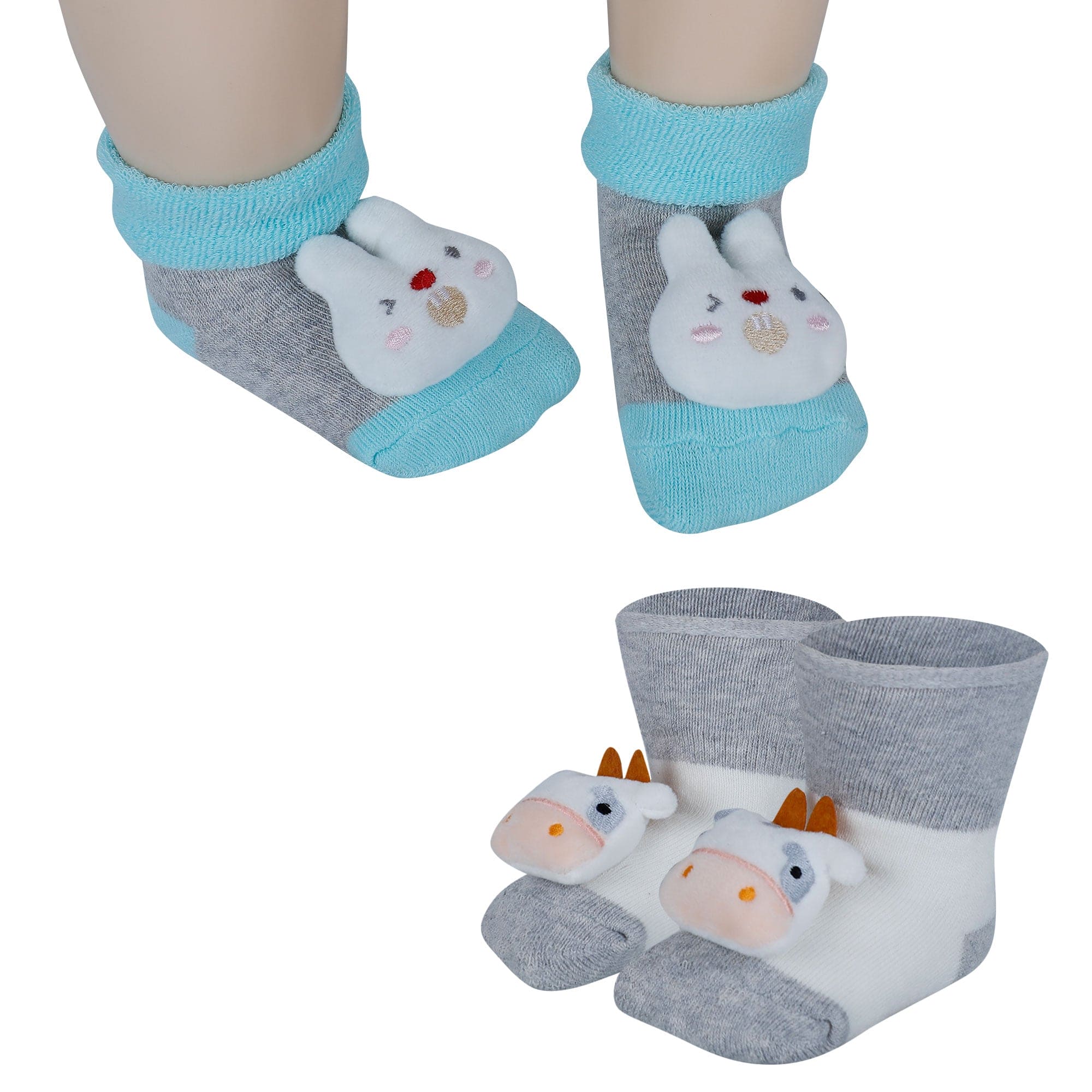 Baby Moo Bunny And Cow 3D Rattle Anti-Skid Socks Booties Pack of 2 - Green, Grey