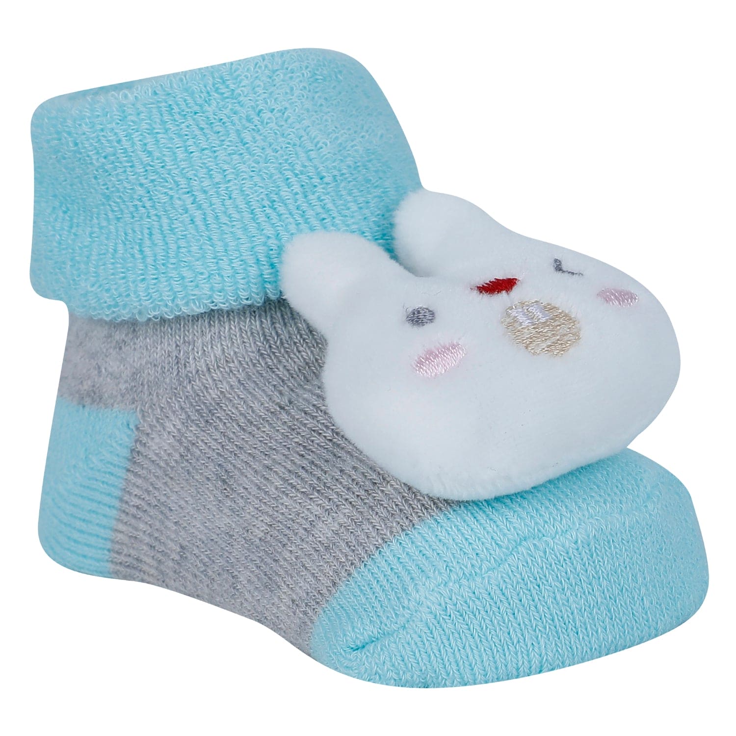 Baby Moo Bunny And Cow 3D Rattle Anti-Skid Socks Booties Pack of 2 - Green, Grey