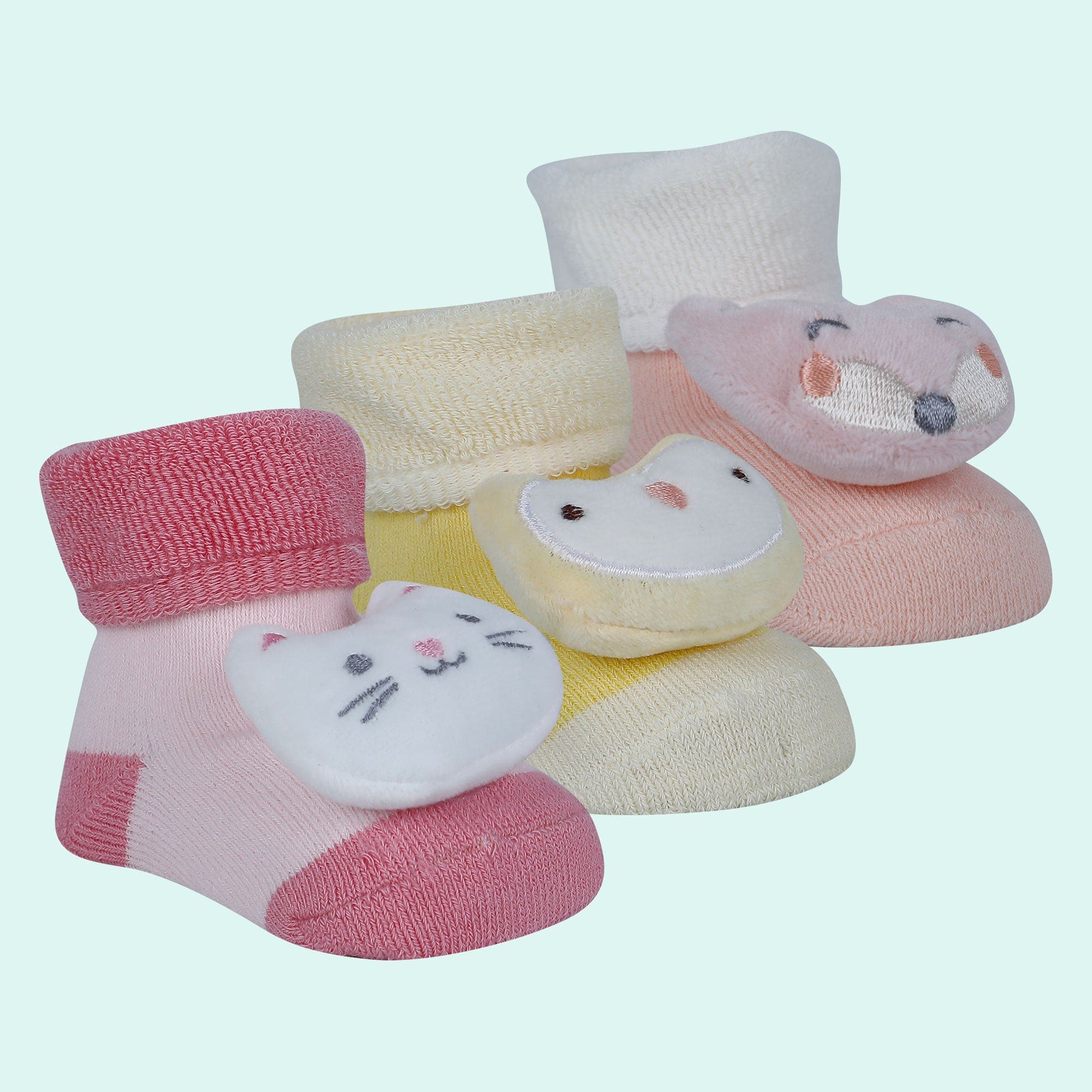 Baby Moo Kitty Owl 3D Rattle Anti-Skid Socks Booties Pack of 3 - Pink