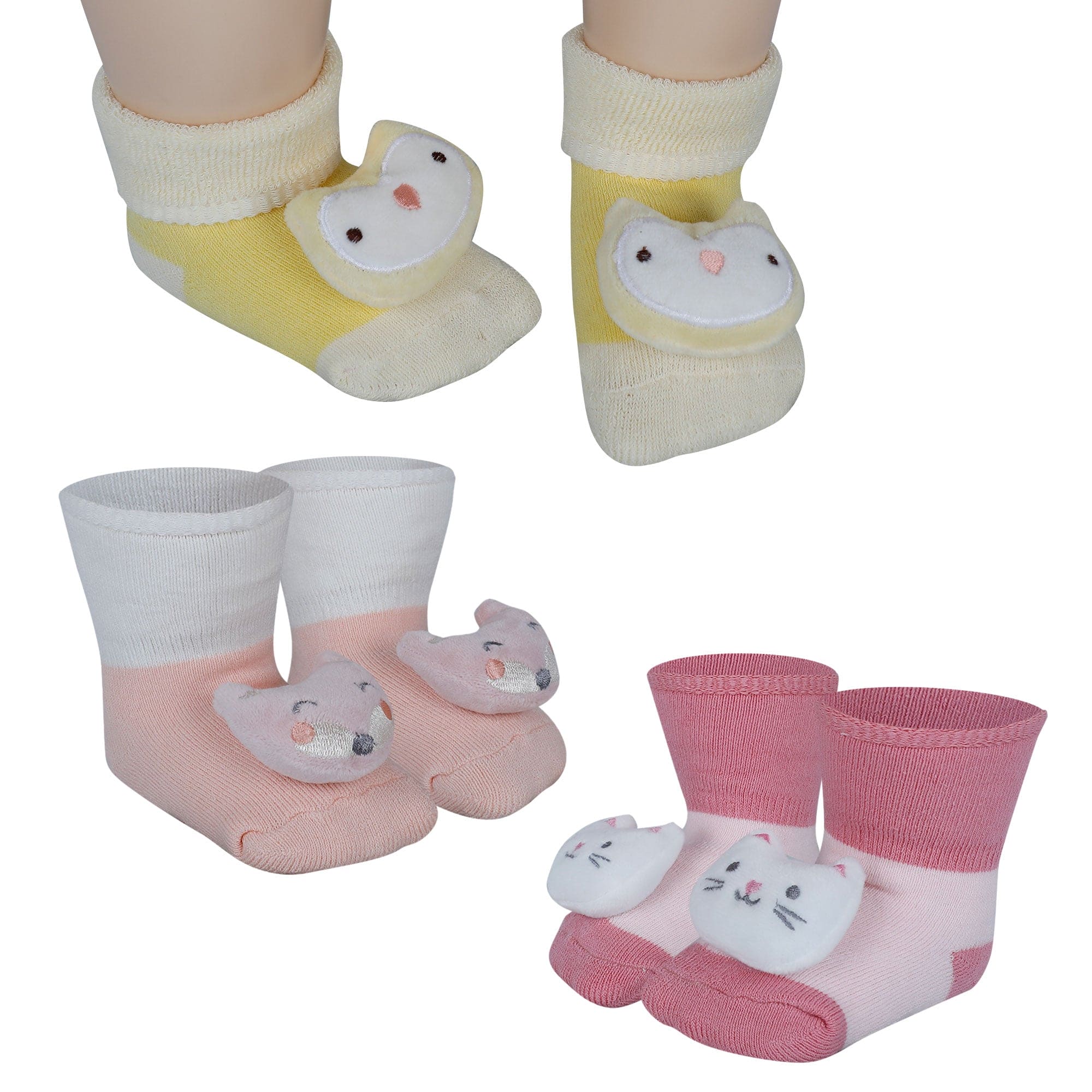 Baby Moo Kitty Owl 3D Rattle Anti-Skid Socks Booties Pack of 3 - Pink