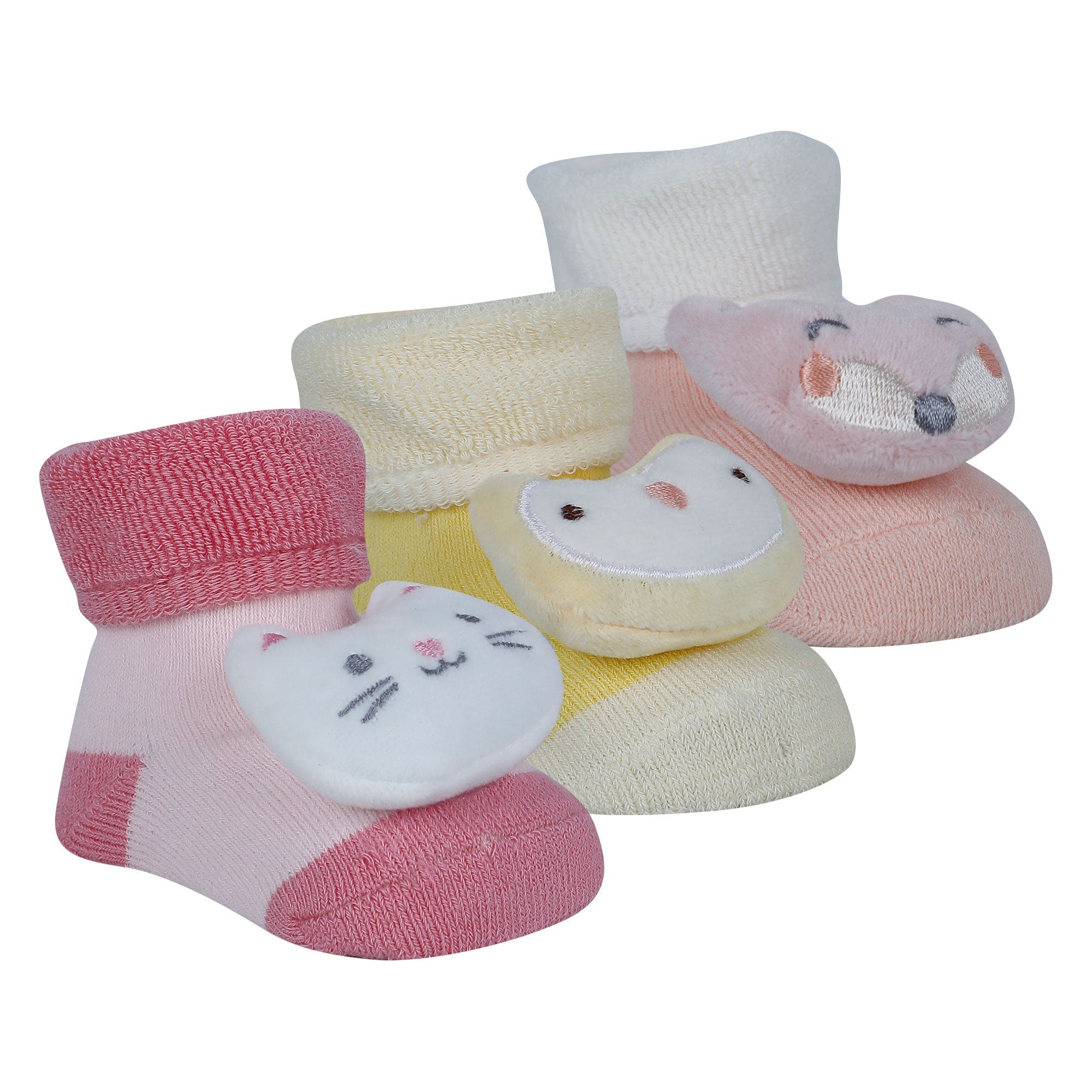 Baby Moo Kitty Owl 3D Rattle Anti-Skid Socks Booties Pack of 3 - Pink