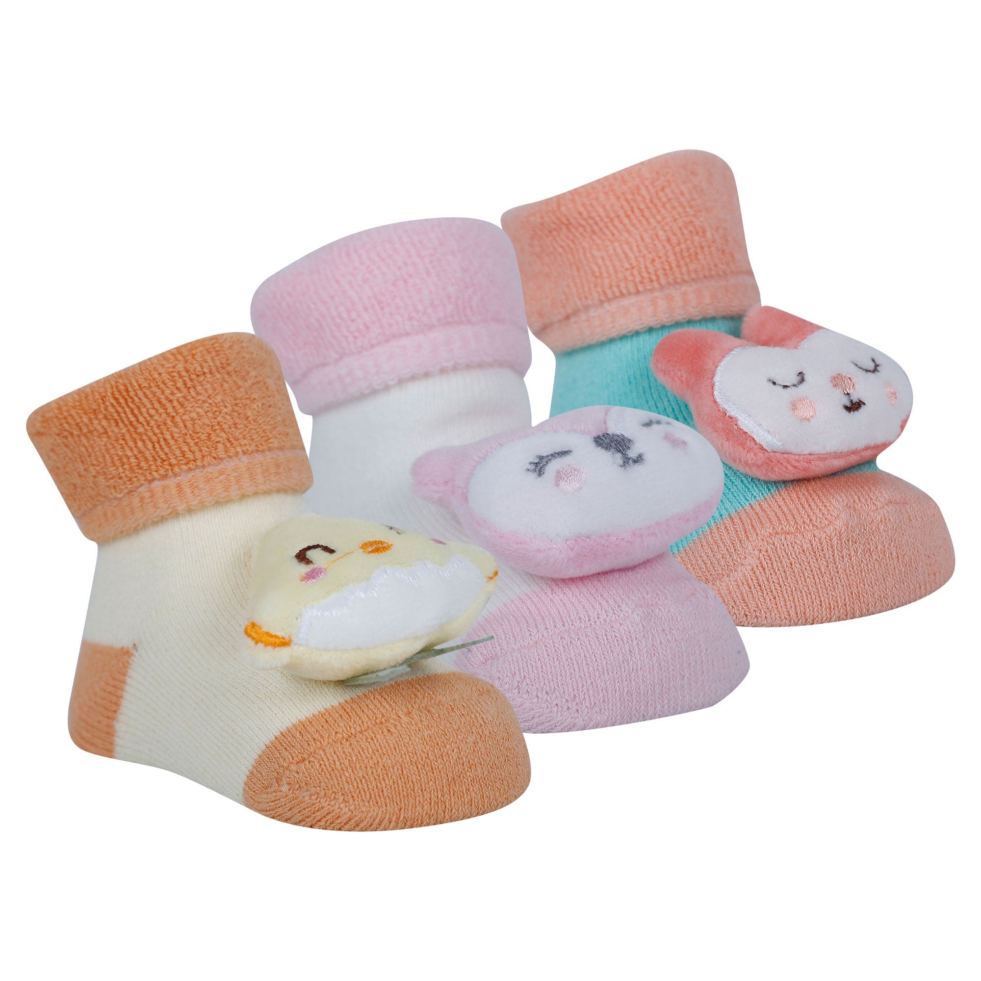 Baby Moo Bunny Chick 3D Rattle Anti-Skid Socks Booties Pack of 3 - Orange