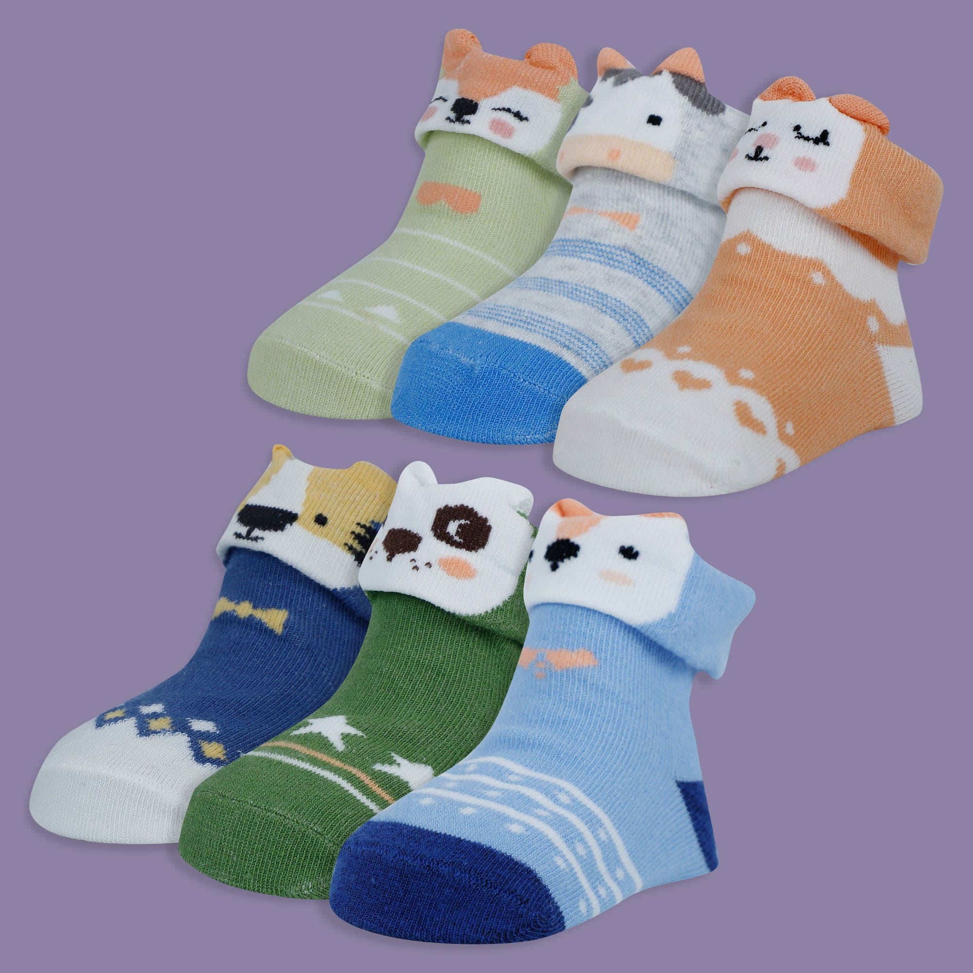 Baby Moo Animal 3D Anti-Skid Socks Booties Pack of 6 - Blue, Green