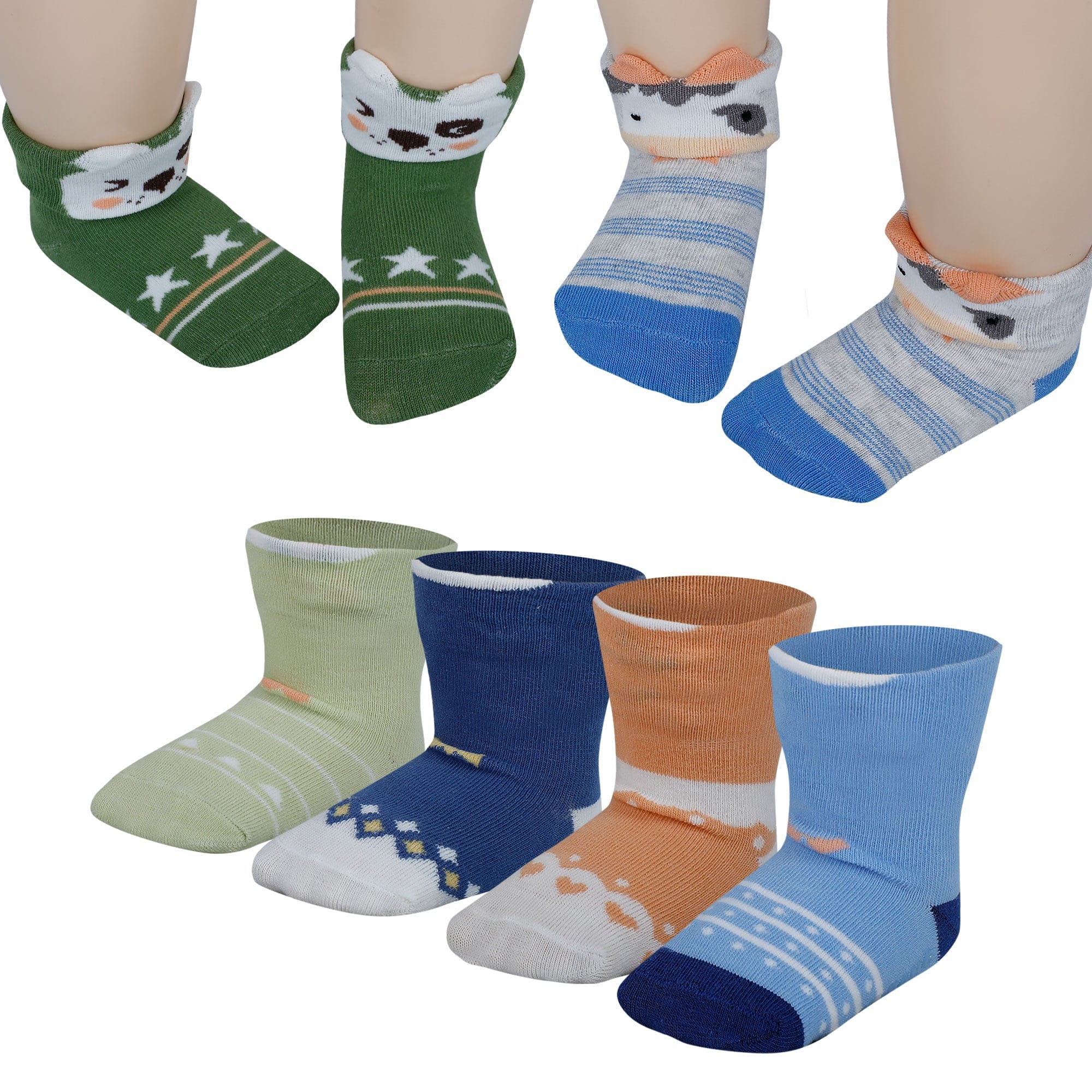 Baby Moo Animal 3D Anti-Skid Socks Booties Pack of 6 - Blue, Green