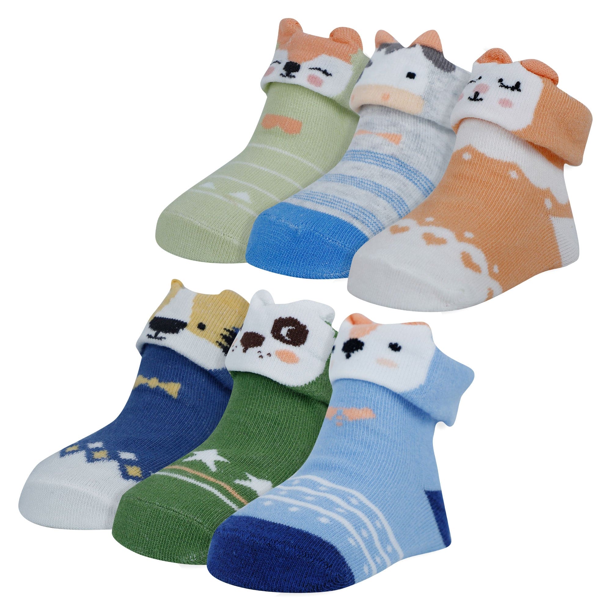 Baby Moo Animal 3D Anti-Skid Socks Booties Pack of 6 - Blue, Green