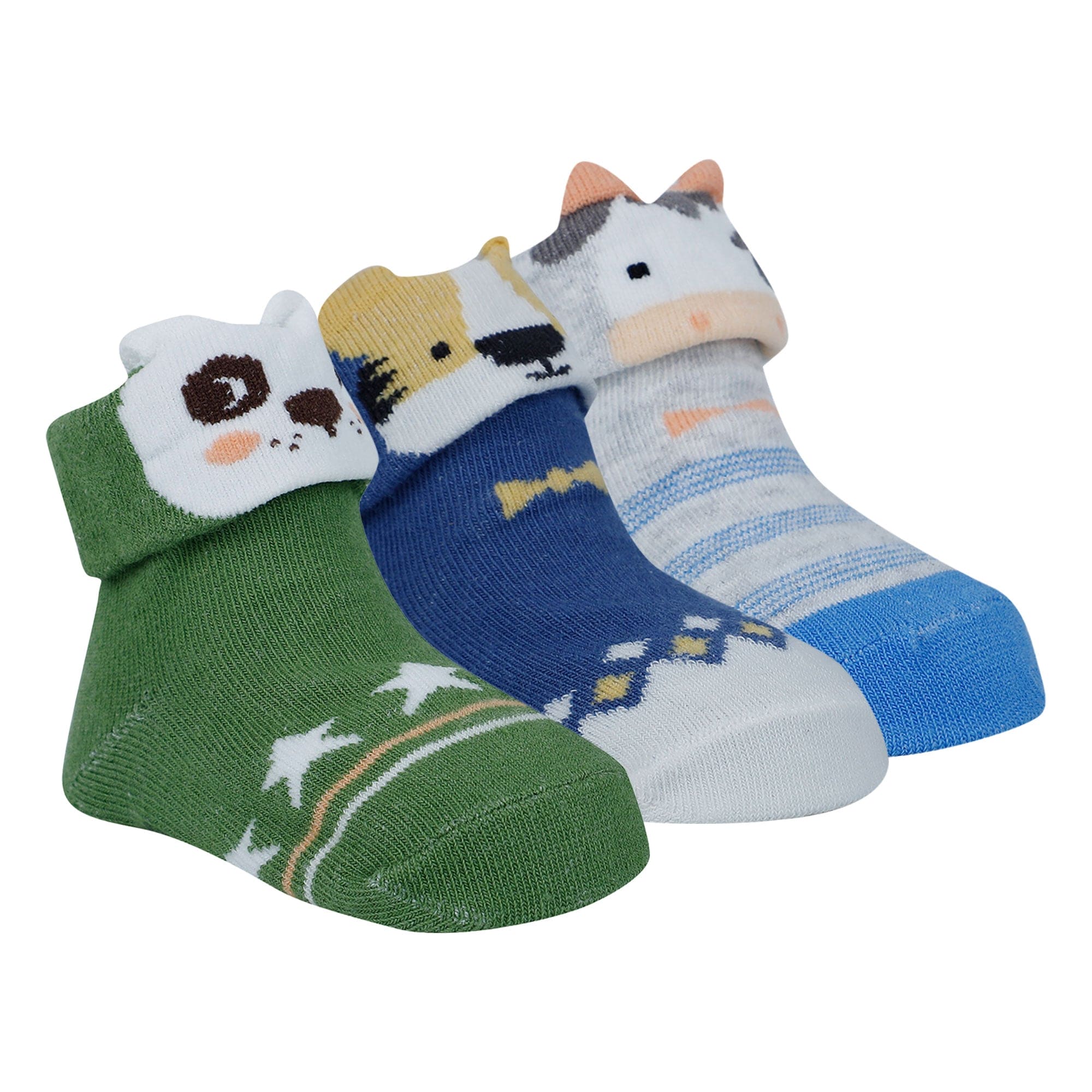 Baby Moo Tiger Cow 3D Anti-Skid Socks Booties Pack of 3 - Blue, Green