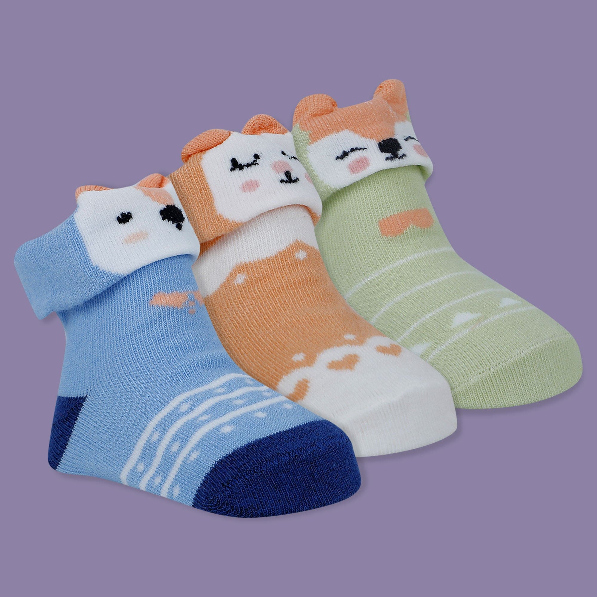 Baby Moo Fox 3D Anti-Skid Socks Booties Pack of 3 - Multicolour