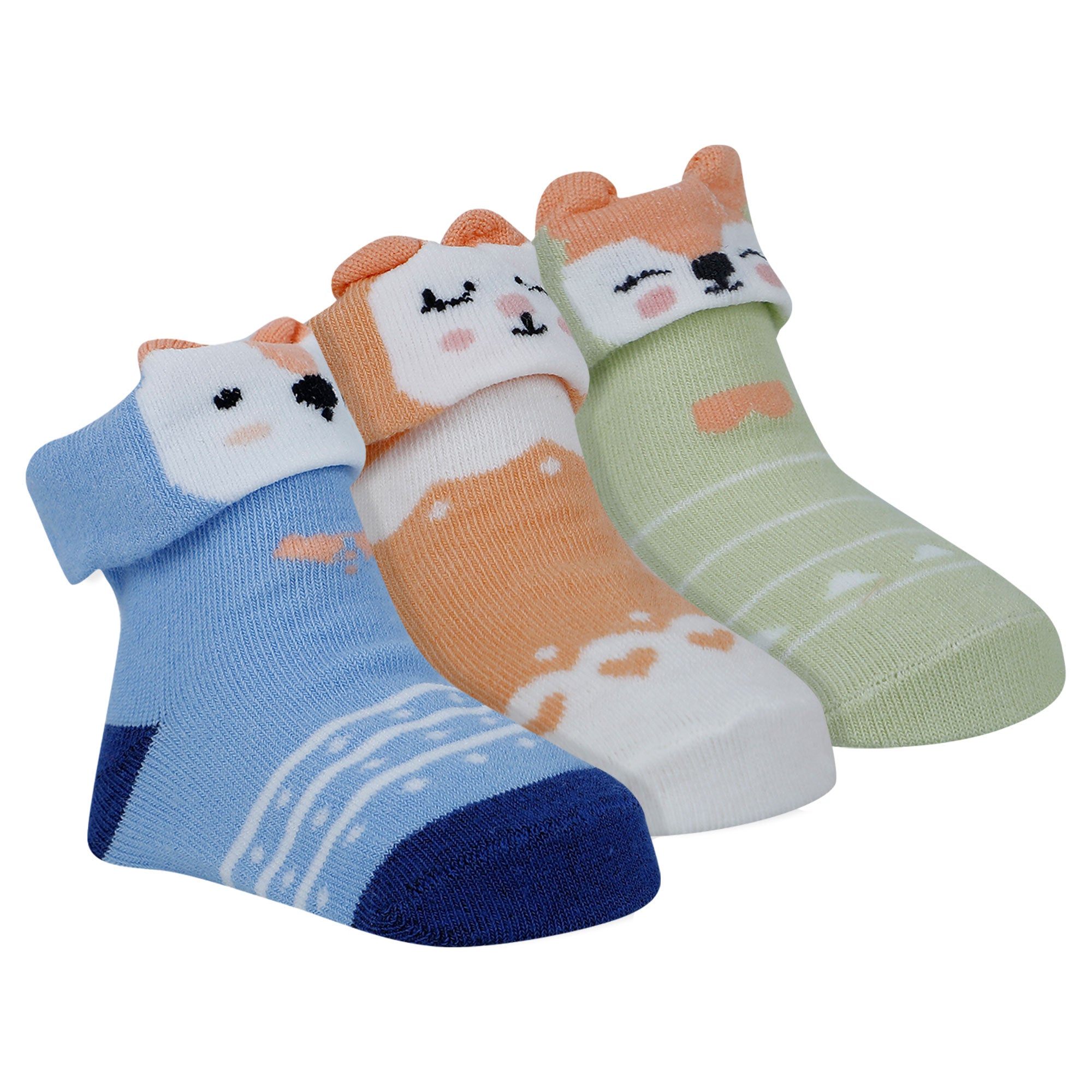 Baby Moo Fox 3D Anti-Skid Socks Booties Pack of 3 - Multicolour