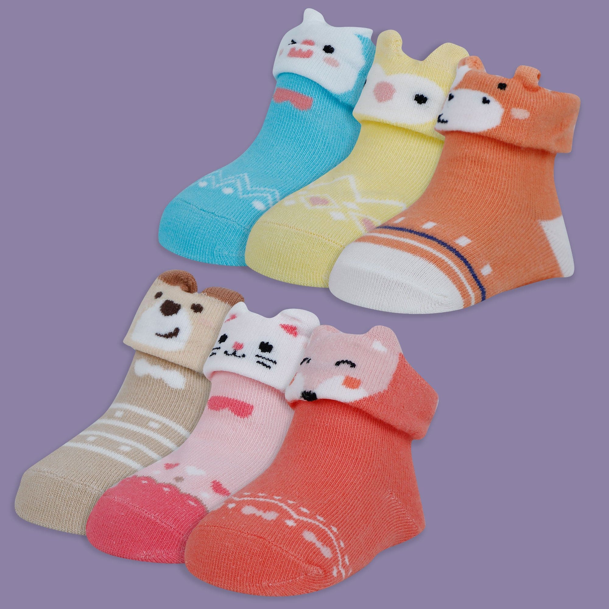 Baby Moo Animal 3D Anti-Skid Socks Booties Pack of 6 - Pink, Yellow