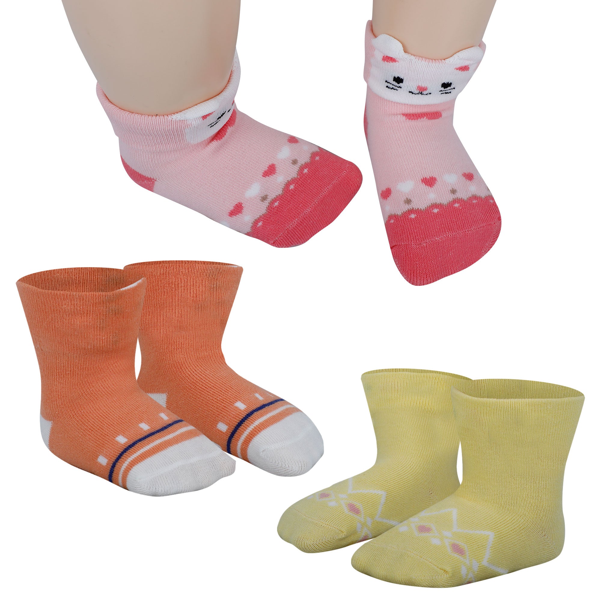 Baby Moo Owl Kitty 3D Anti-Skid Socks Booties Pack of 3 - Yellow, Pink