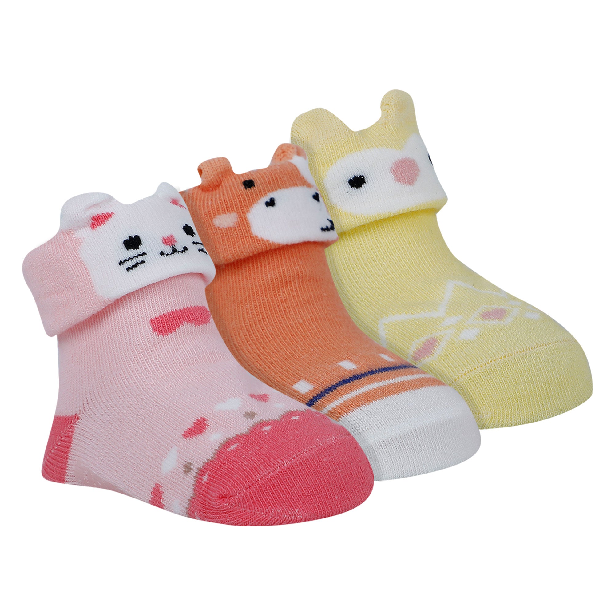 Baby Moo Owl Kitty 3D Anti-Skid Socks Booties Pack of 3 - Yellow, Pink