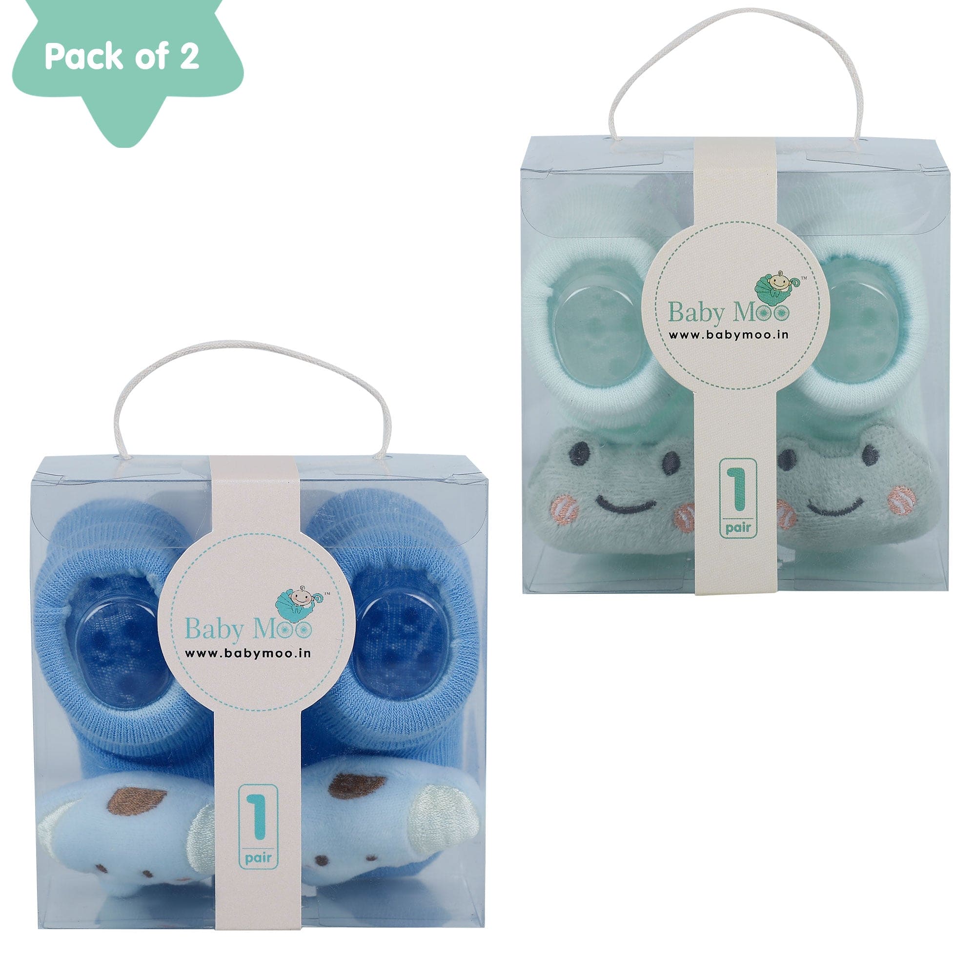 Baby Moo Frog And Elephant 3D Rattle Anti-Skid Socks Booties Pack of 2 - Mint Green, Blue