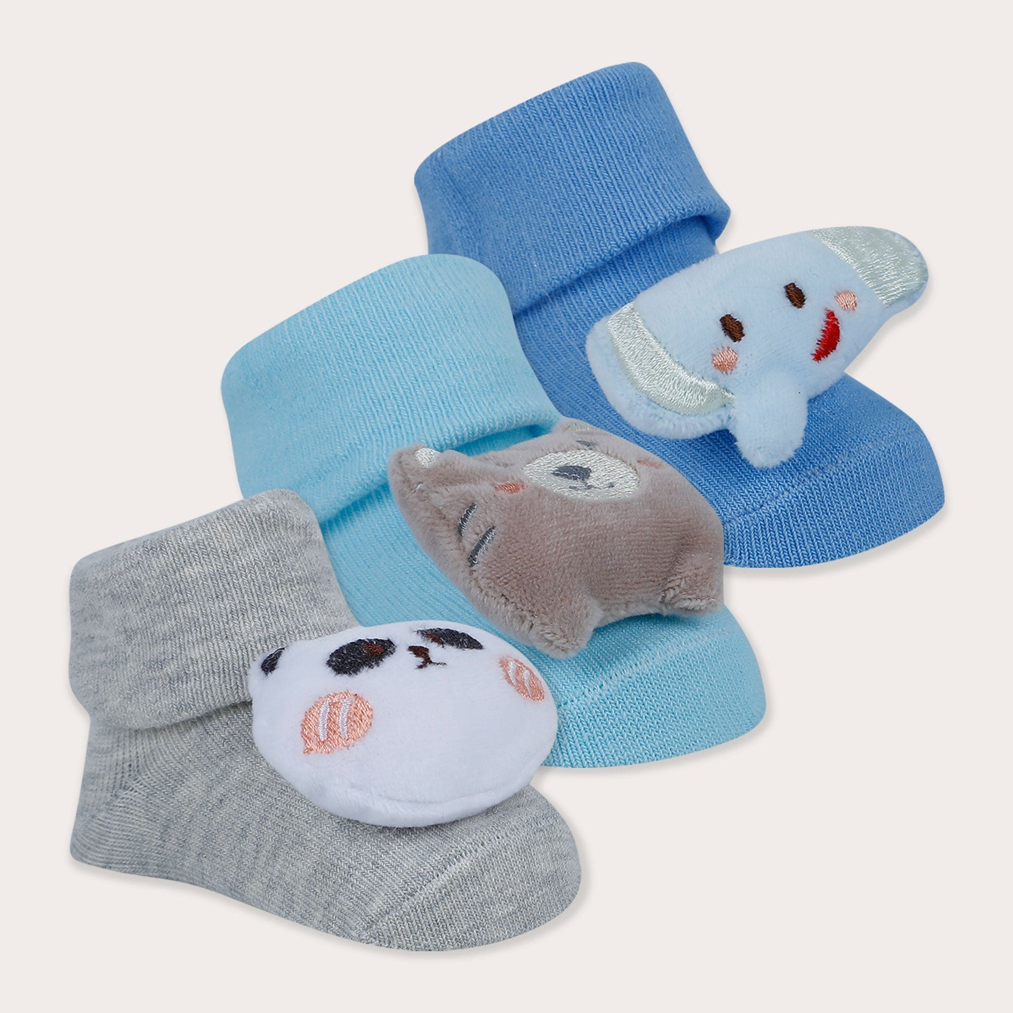 Baby Moo Bear Panda Elephant 3D Rattle Anti-Skid Socks Booties Pack of 3 - Blue