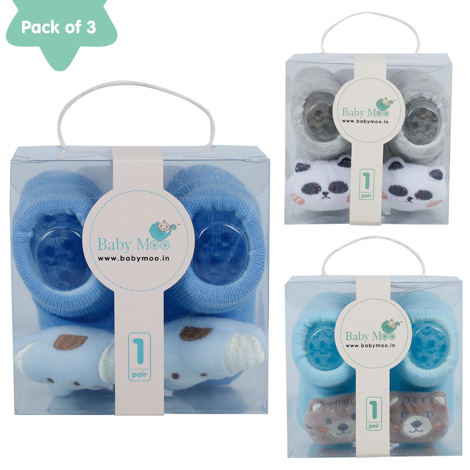 Baby Moo Bear Panda Elephant 3D Rattle Anti-Skid Socks Booties Pack of 3 - Blue