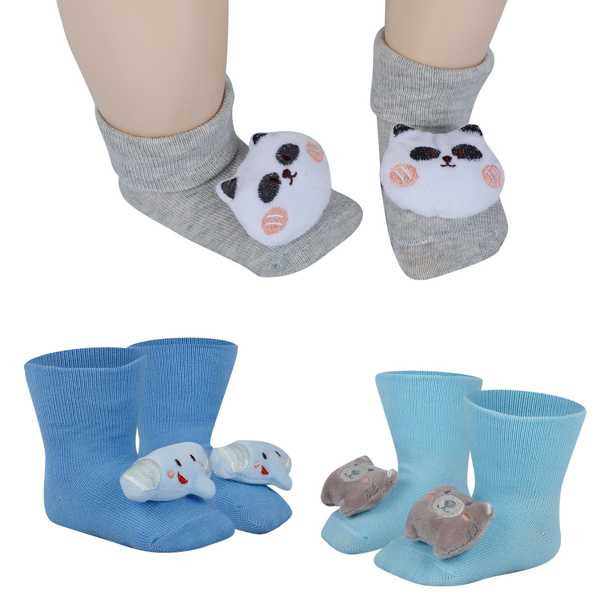 Baby Moo Bear Panda Elephant 3D Rattle Anti-Skid Socks Booties Pack of 3 - Blue