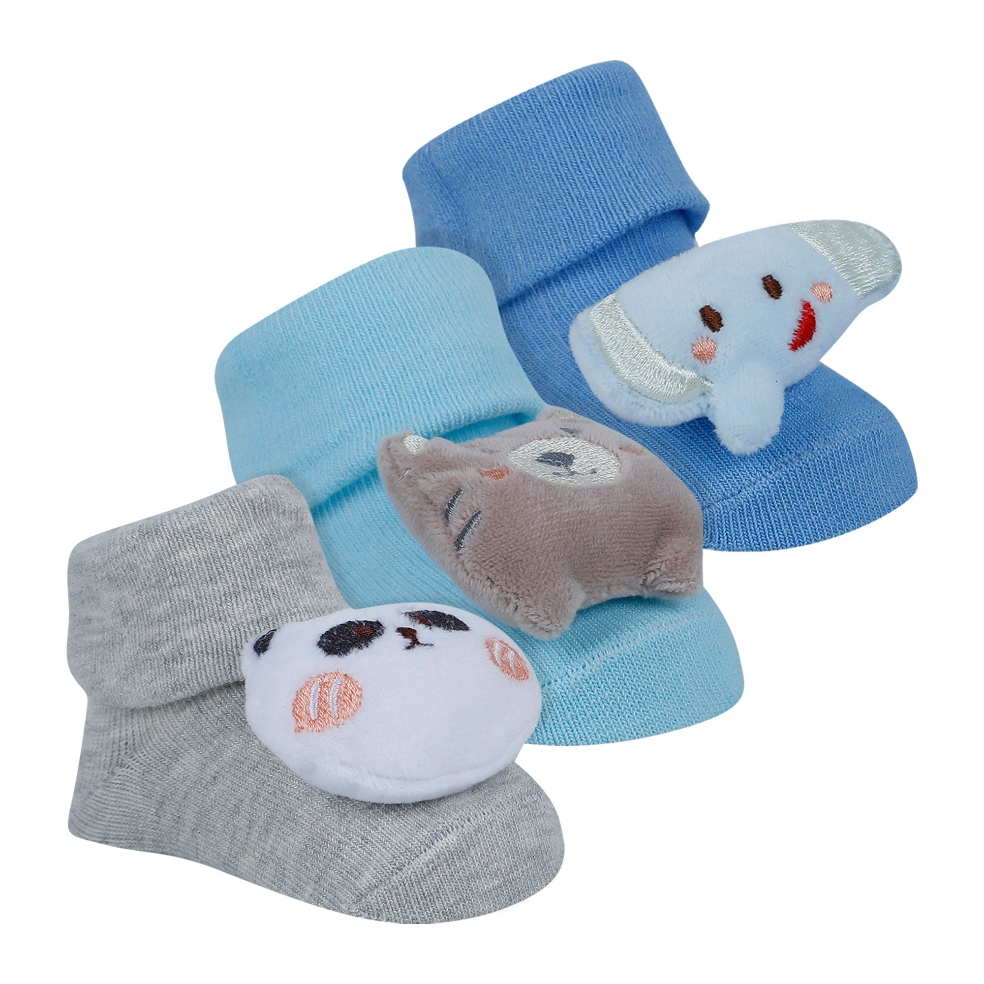 Baby Moo Bear Panda Elephant 3D Rattle Anti-Skid Socks Booties Pack of 3 - Blue