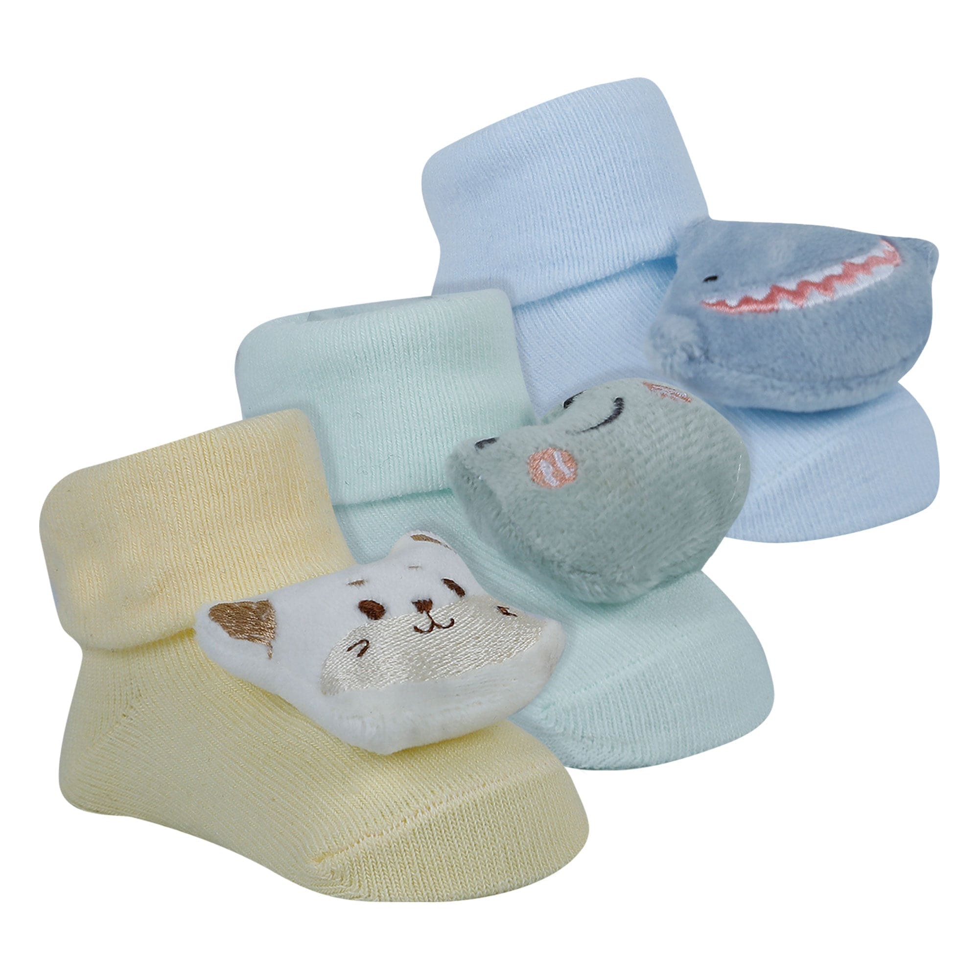 Baby Moo Kitty Frog Shark 3D Rattle Anti-Skid Socks Booties Pack of 3 - Multicolour